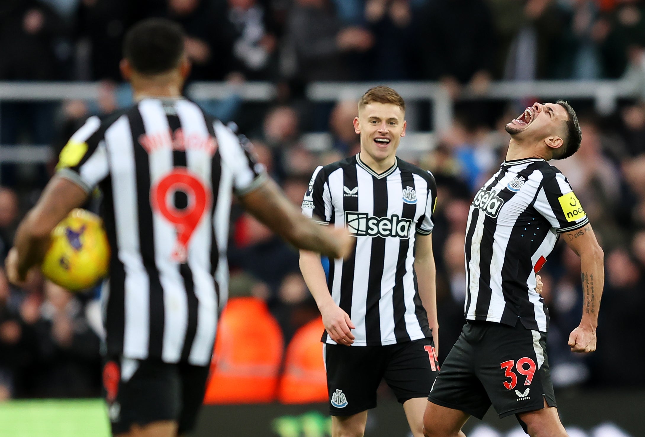 Bruno Guimaraes (right) yells with delight after Barnes (centre) grabs the 90th-minute decider