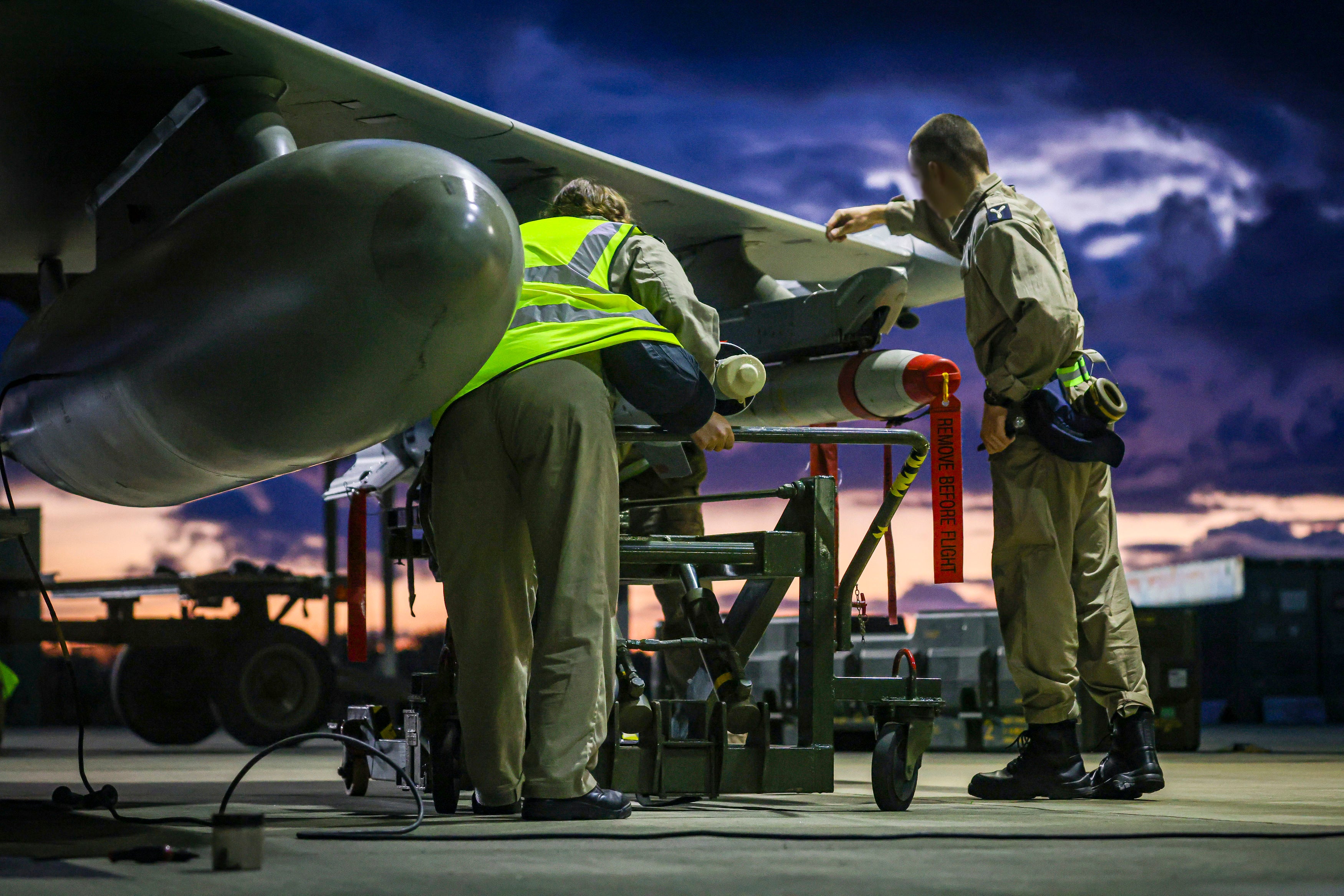 RAF Weapon Technicians prepare RAF Typhoon FRG4 aircraft to conduct further strikes against Houthi targets