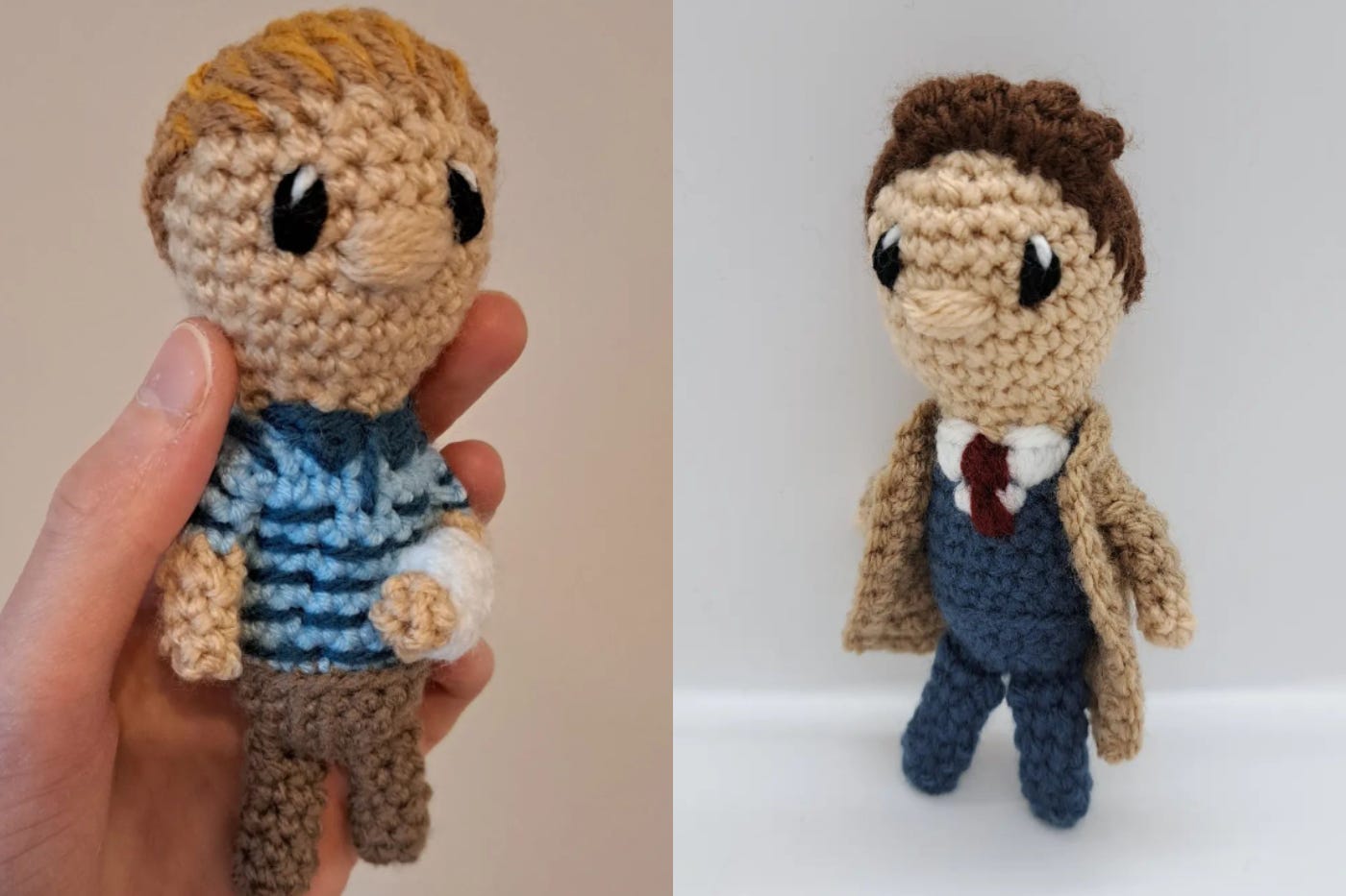 Ellie Coverdale’s crocheted depictions of Sam Tutty in Dear Evan Hansen and David Tennant as Doctor Who (Yorkshire Knitter/PA)