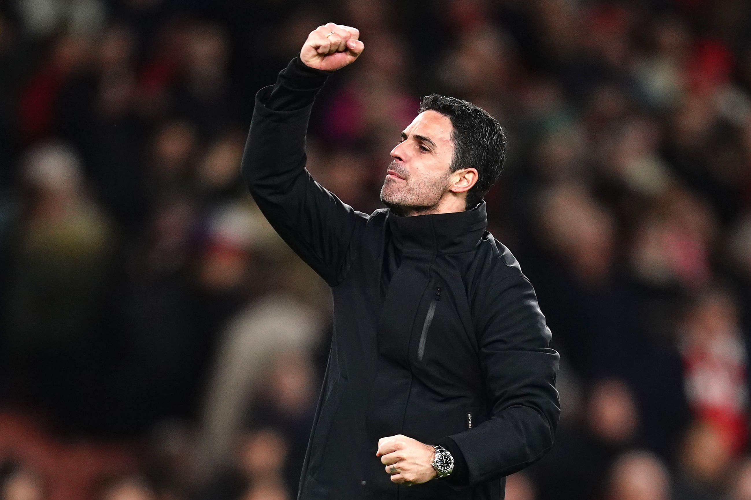 Arsenal manager Mikel Arteta celebrates after his side’s win over Liverpool