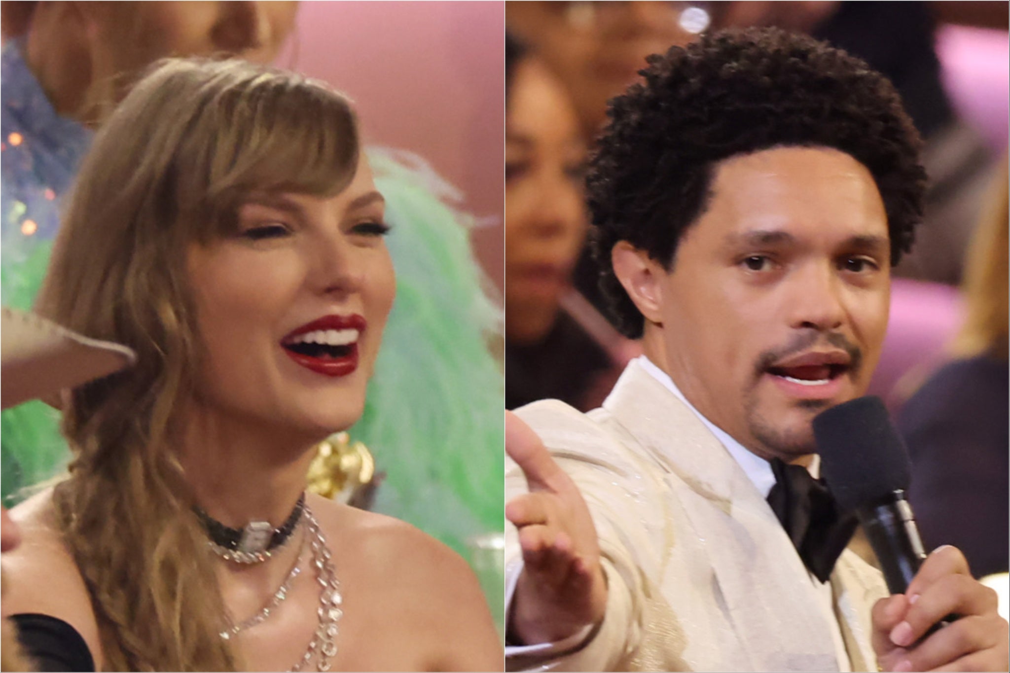 Taylor Swift (left) and Trevor Noah at the Grammys