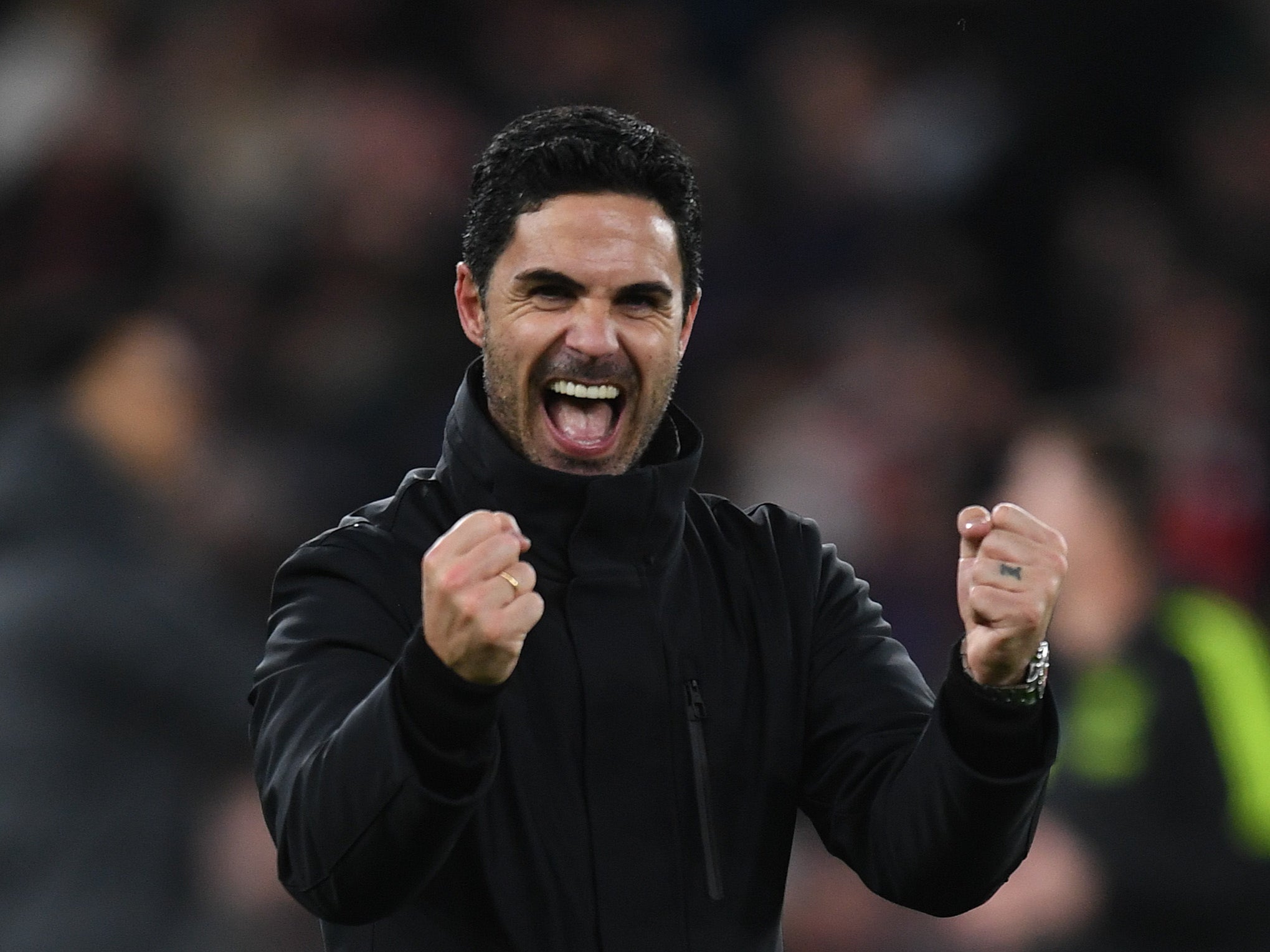 Mikel Arteta celebrates Arsenal’s win over Liverpool