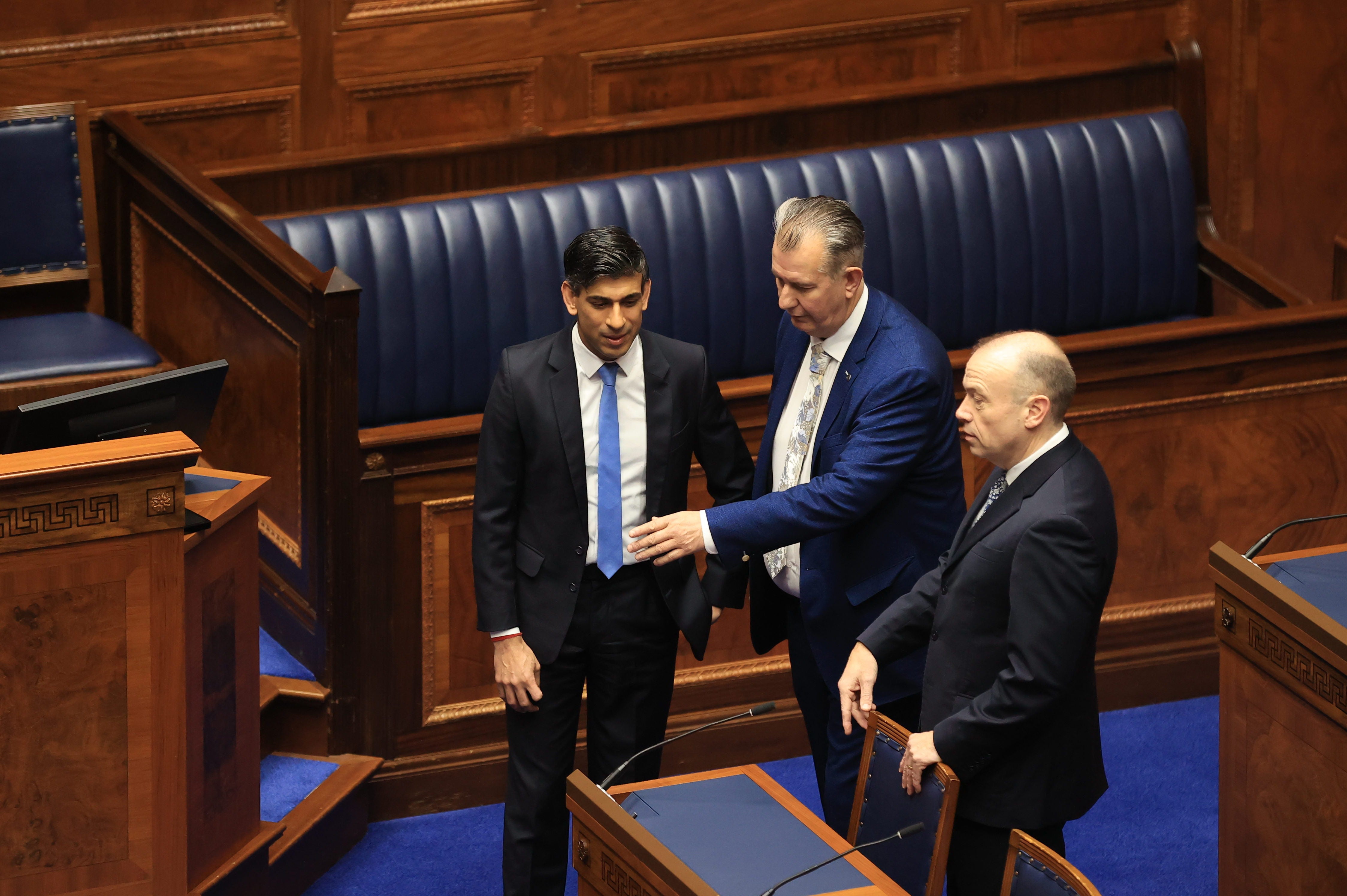 Rishi Sunak, assembly speaker Edwin Poots and NI secretary Chris Heaton-Harris at Stormont