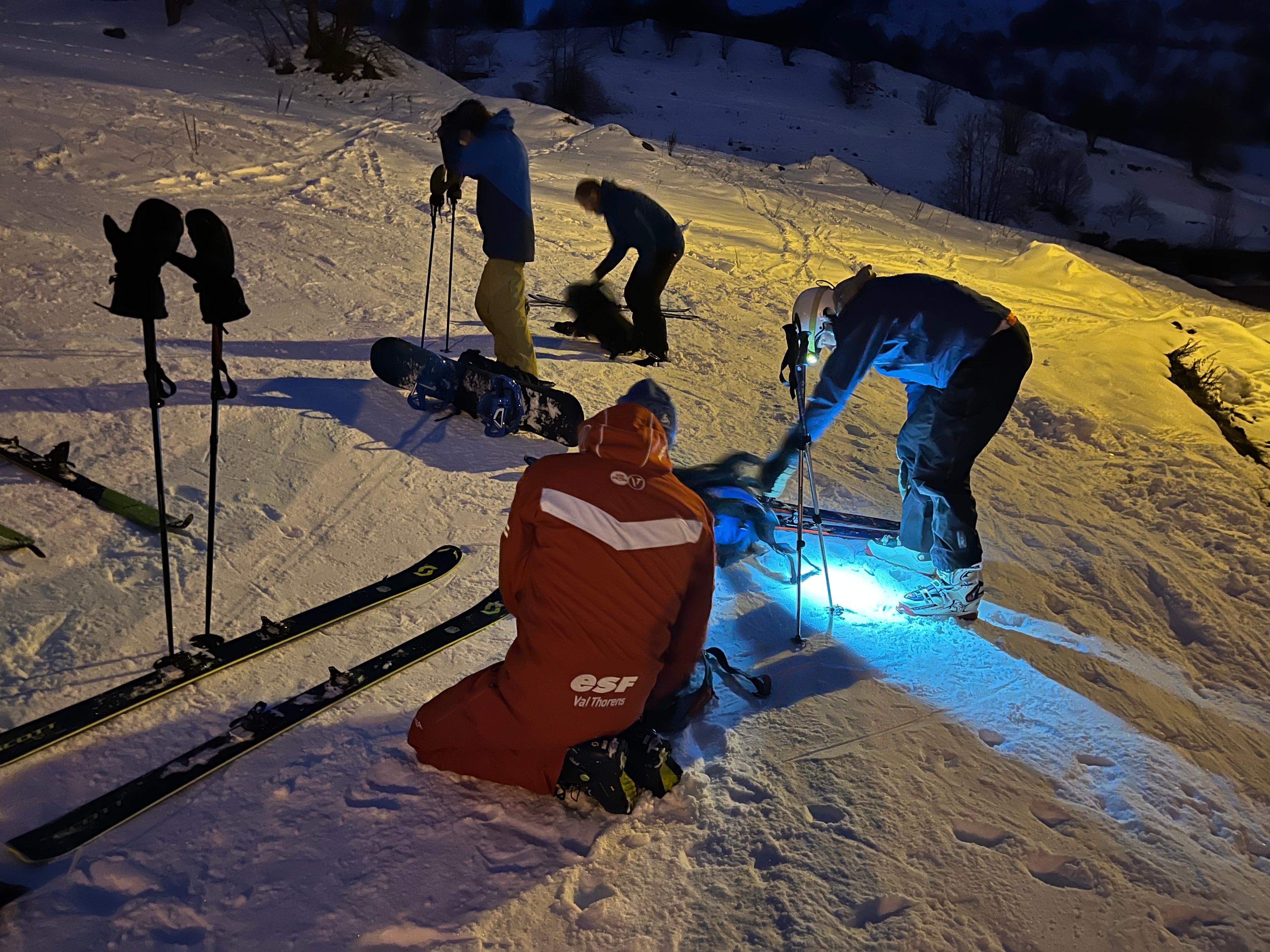 Preparing for the headtorch-lit ascent to Refuge Le Trait D'Union