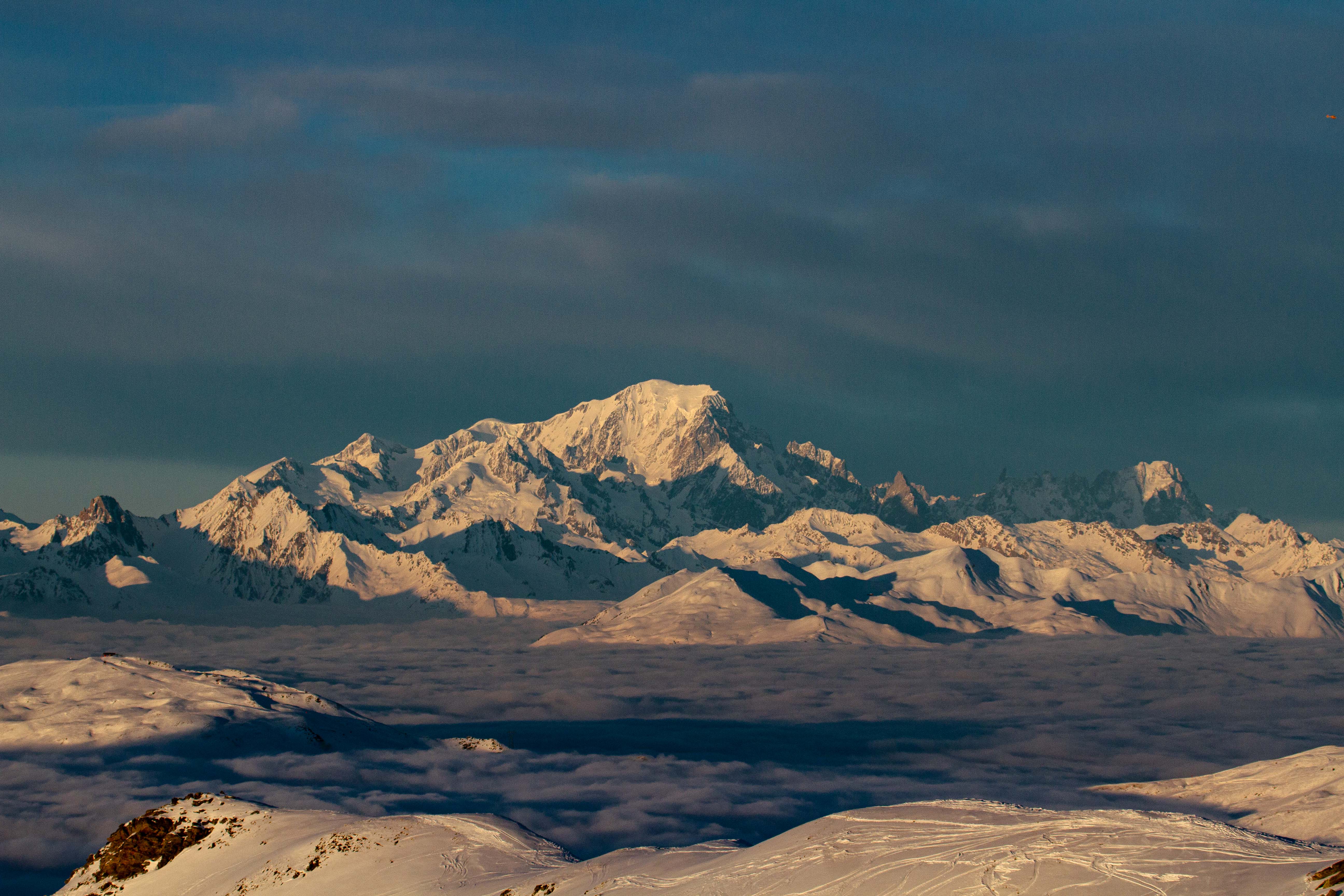 Western Europe’s biggest peak, Mont Blanc, towering above a late-afternoon cloud inversion