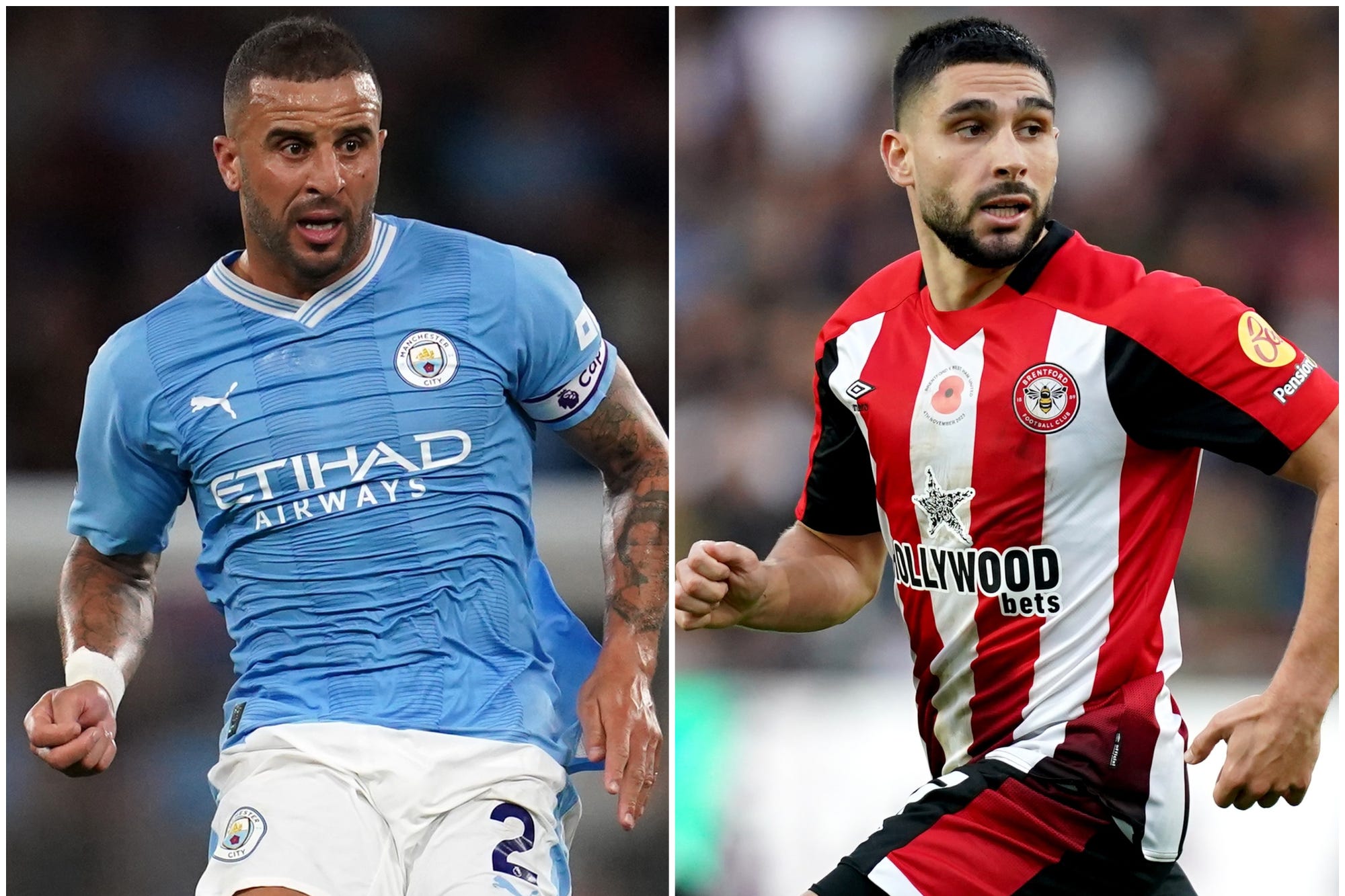 Kyle Walker, left, reacted to something said by Neal Maupay in Manchester City’s win at Brentford (Nick Potts/John Walton/PA)