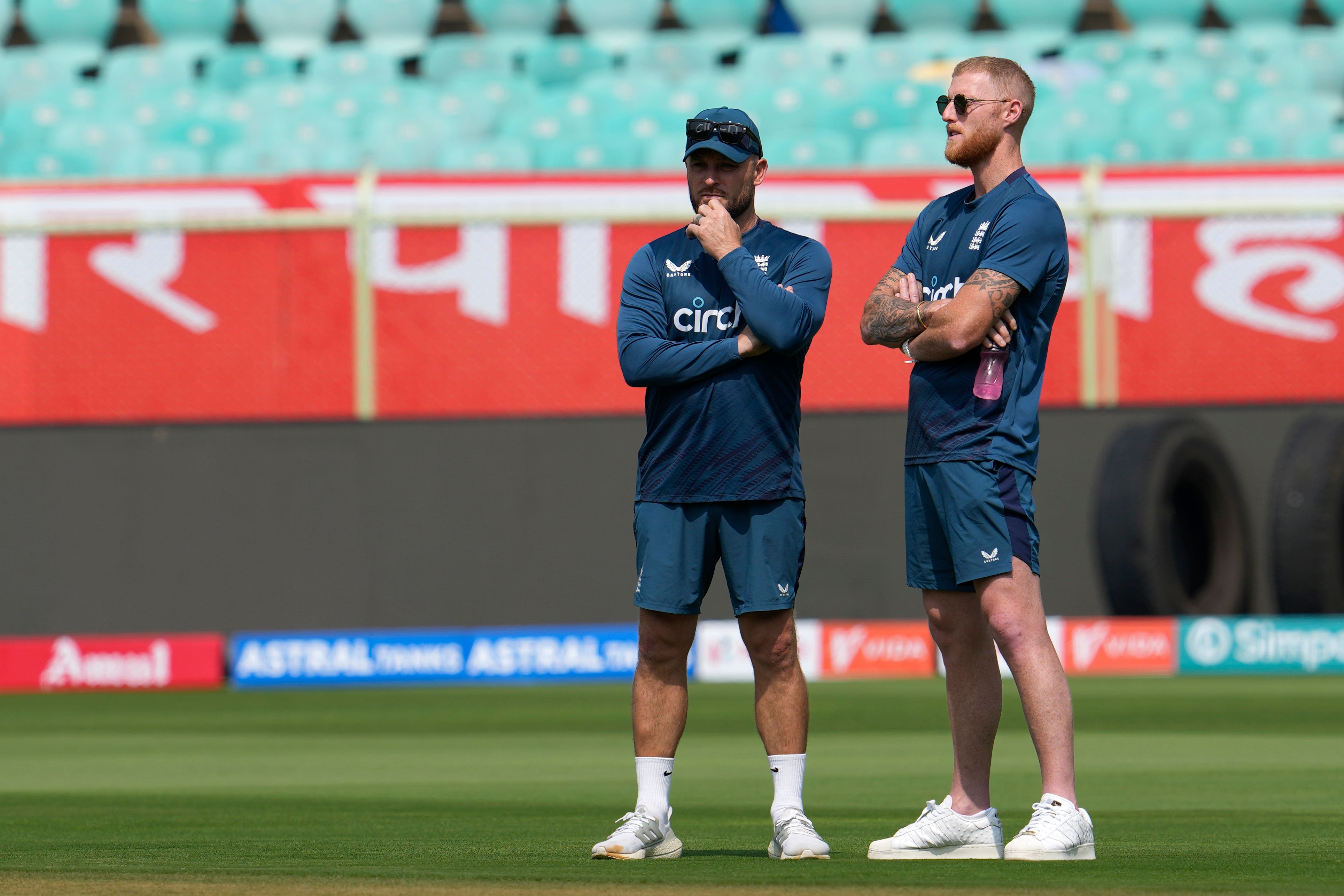 England captain Ben Stokes, right, with coach Brendon McCullum (Manish Swarup/AP)