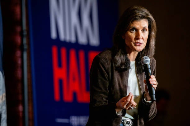 Republican presidential candidate Nikki Haley speaks during a campaign rally