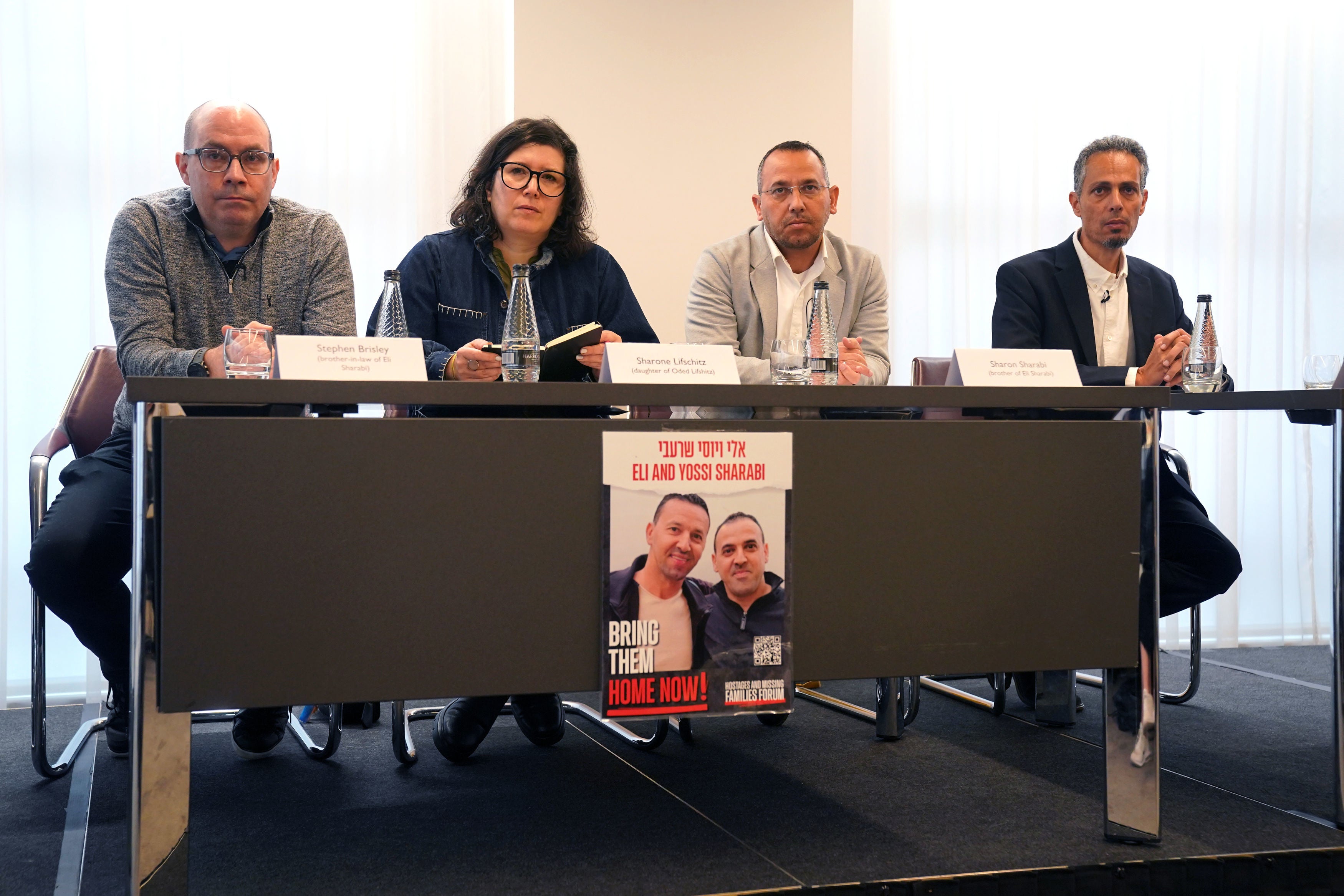 Left to right: Stephen Brisley, Sharone Lifschitz, Sharon Sharabi and Raz Matalon in London. All four have relatives held hostage in Gaza