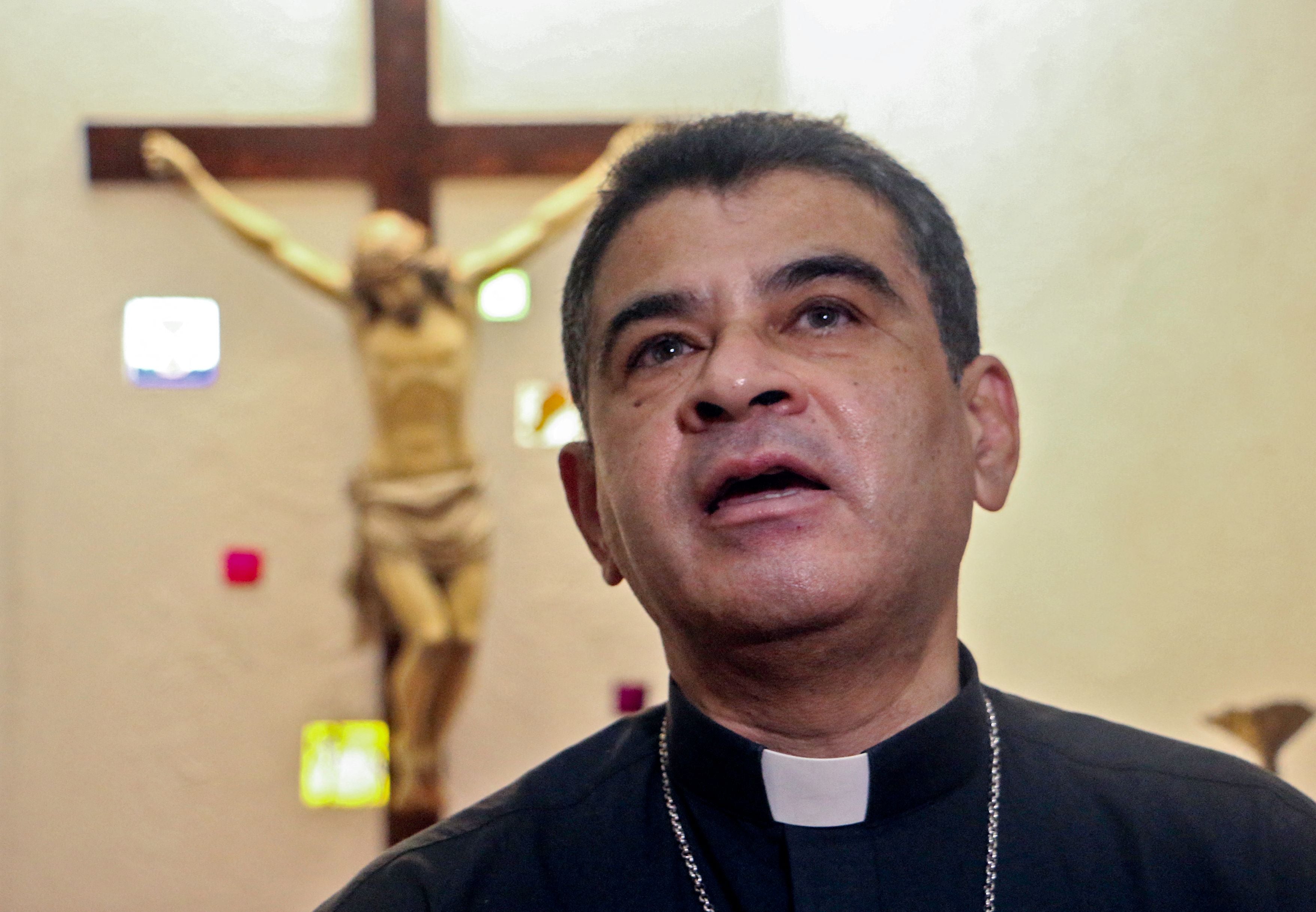 Catholic bishop Rolando Alvarez speaks to the press at the Santo Cristo de Esquipulas church