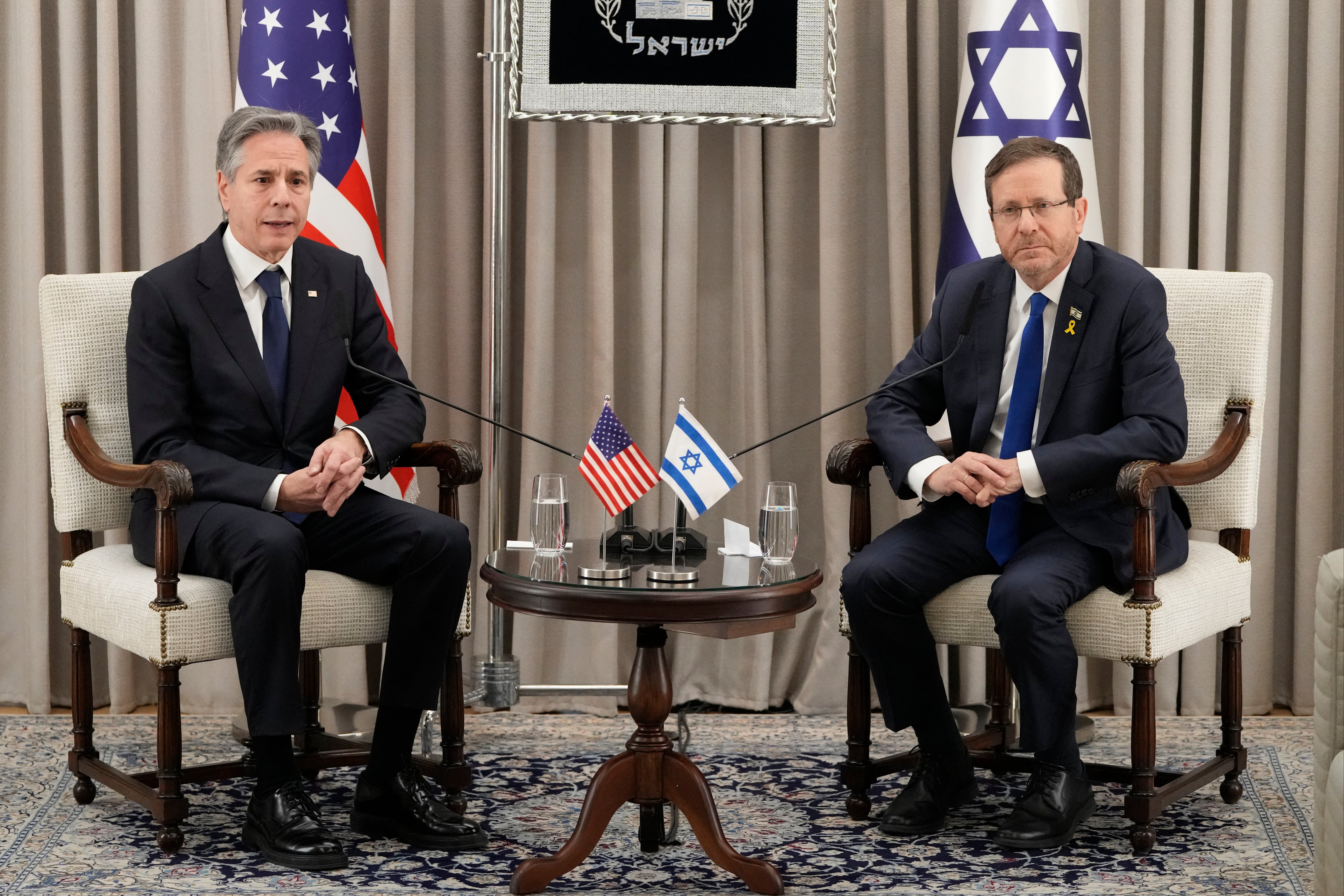 The US secretary of state, Antony Blinken, speaks during a meeting with Israel’s President Isaac Herzog