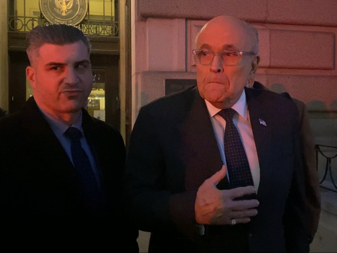 Rudy Giuliani appears outside bankruptcy court in Manhattan on 7 February