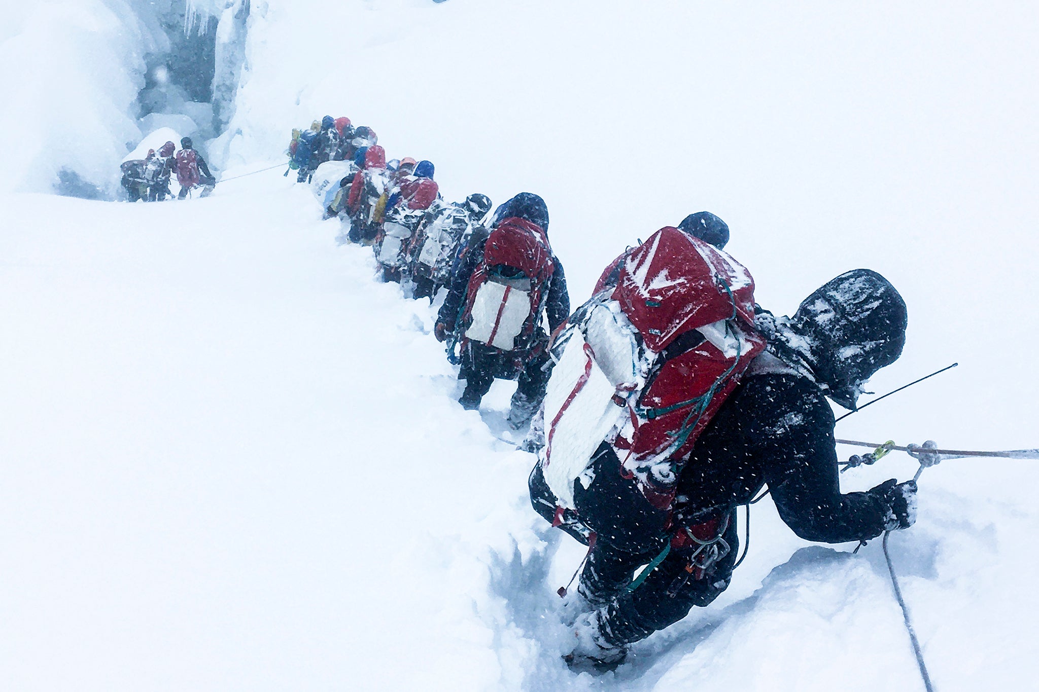Mountaineers descending from the summit of Mount Everest
