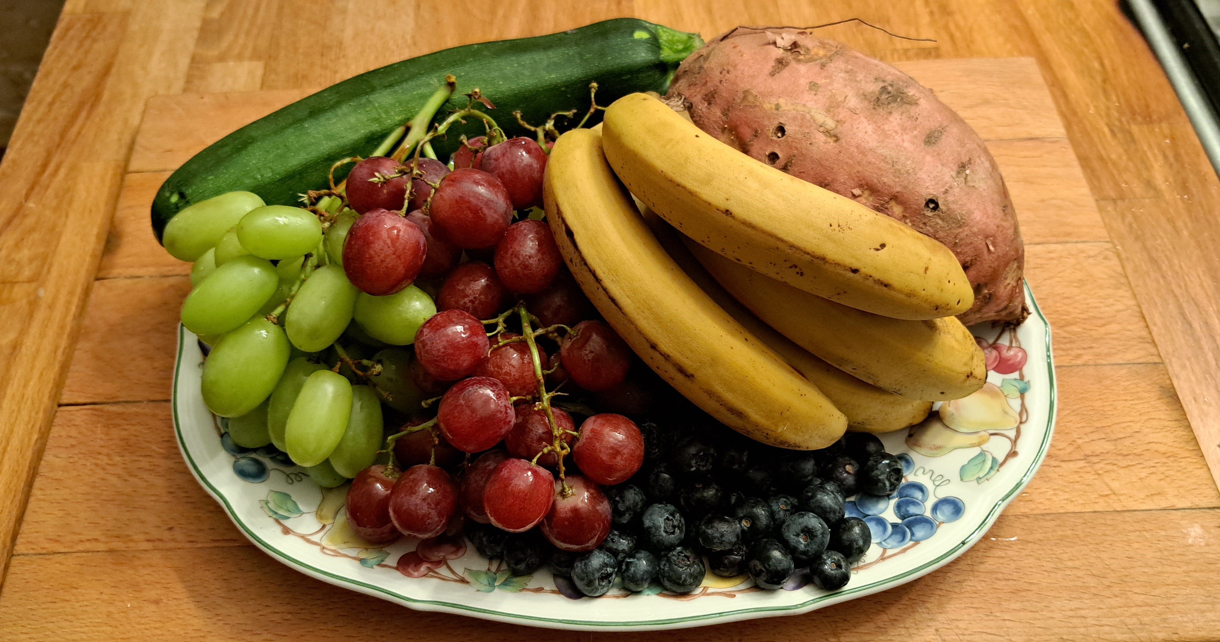 ‘I bought grapes, bananas, sweet potatoes \ Blueberries and courgettes and walked the many shelves of sugar snacks to pay’