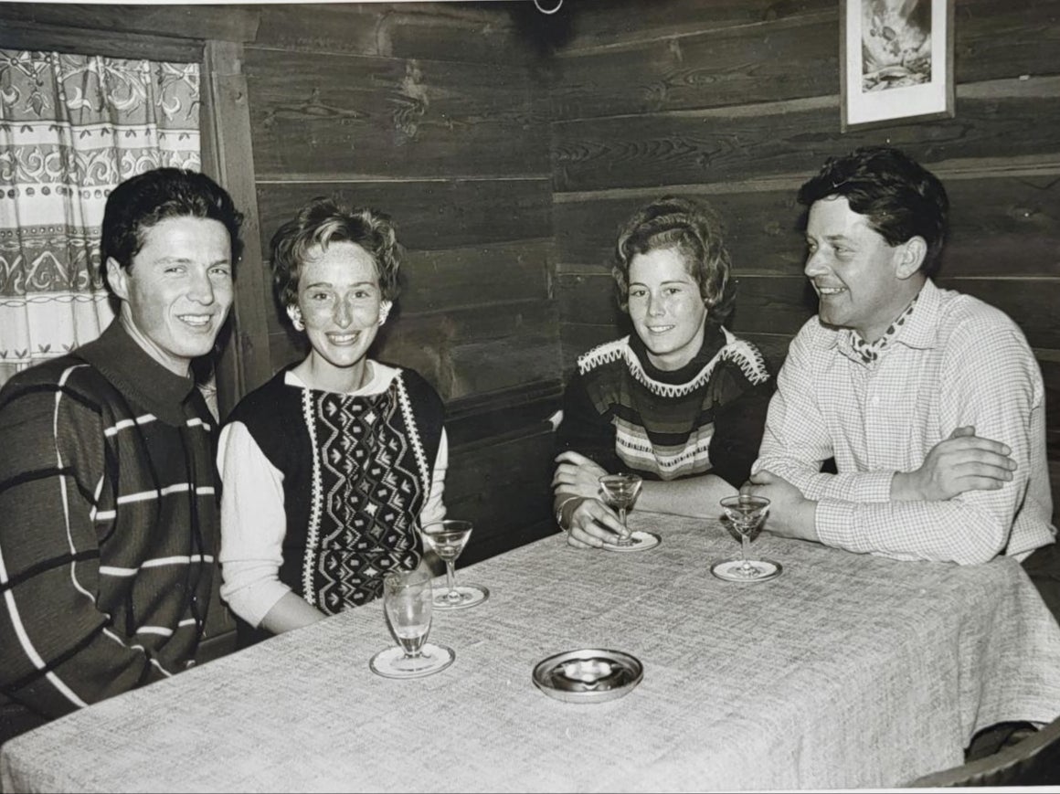 Small world: Colin Murison Small (right) at his chalet in Grindelwald, Switzerland, in 1960 – unlimited cheap wine with dinner was one of the selling points