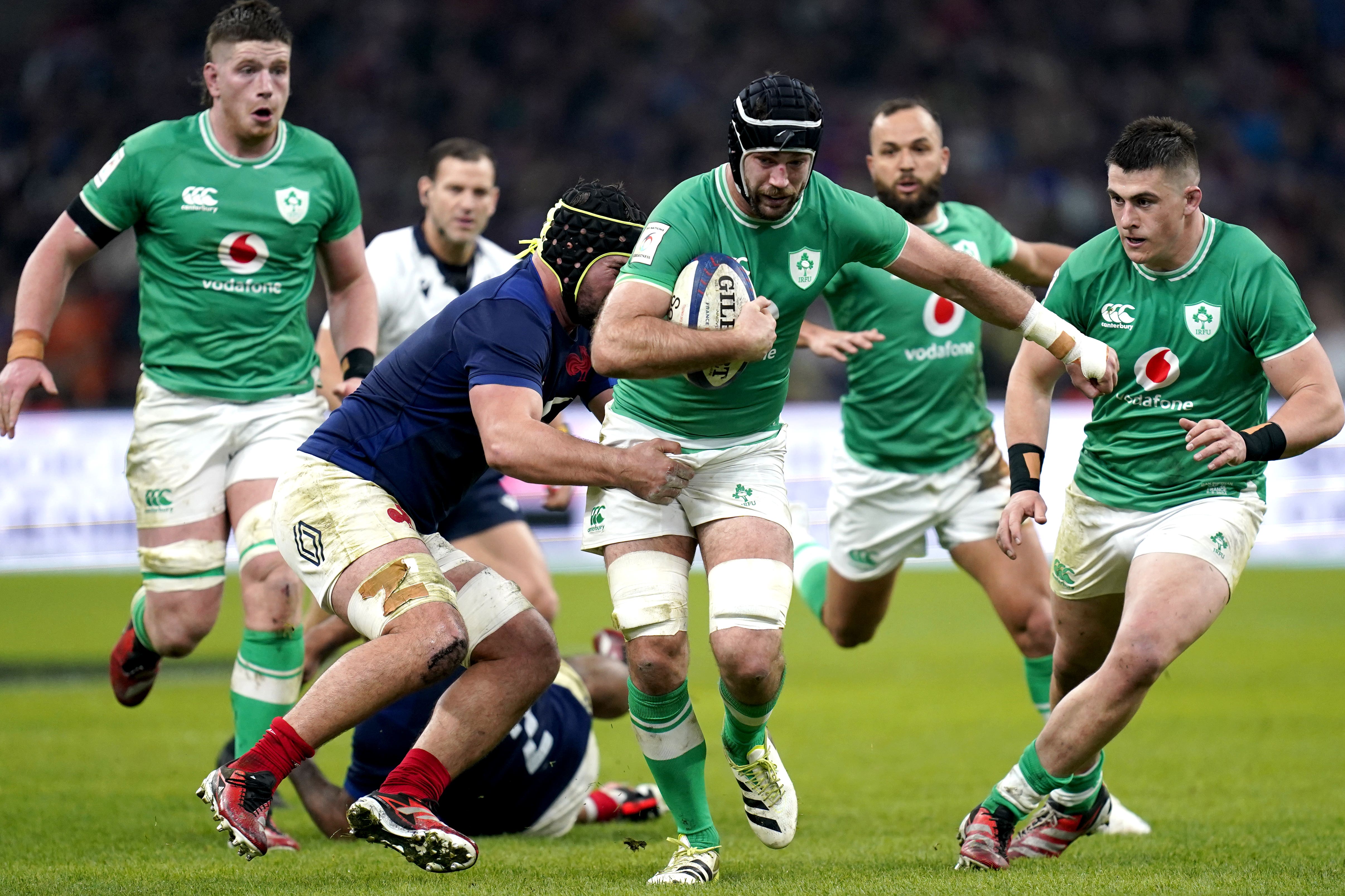 Caelan Doris, with ball, has switched from number eight to blindside flanker following last week’s win in France (Andrew Matthews/PA)