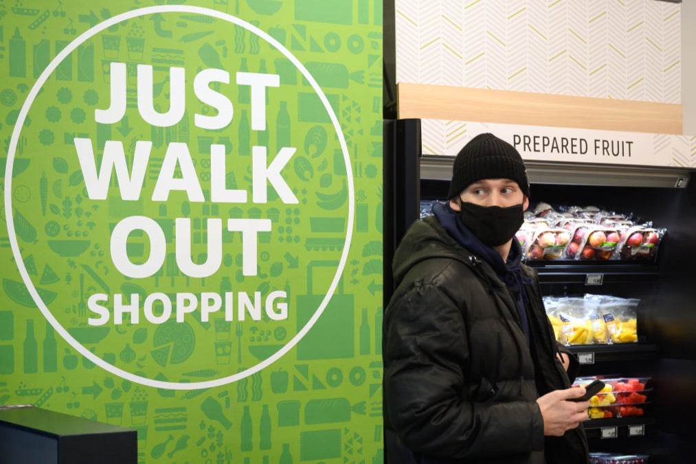 Guinea pigs: A shopper tries Amazon Fresh on its day of launch in the UK in March 2021