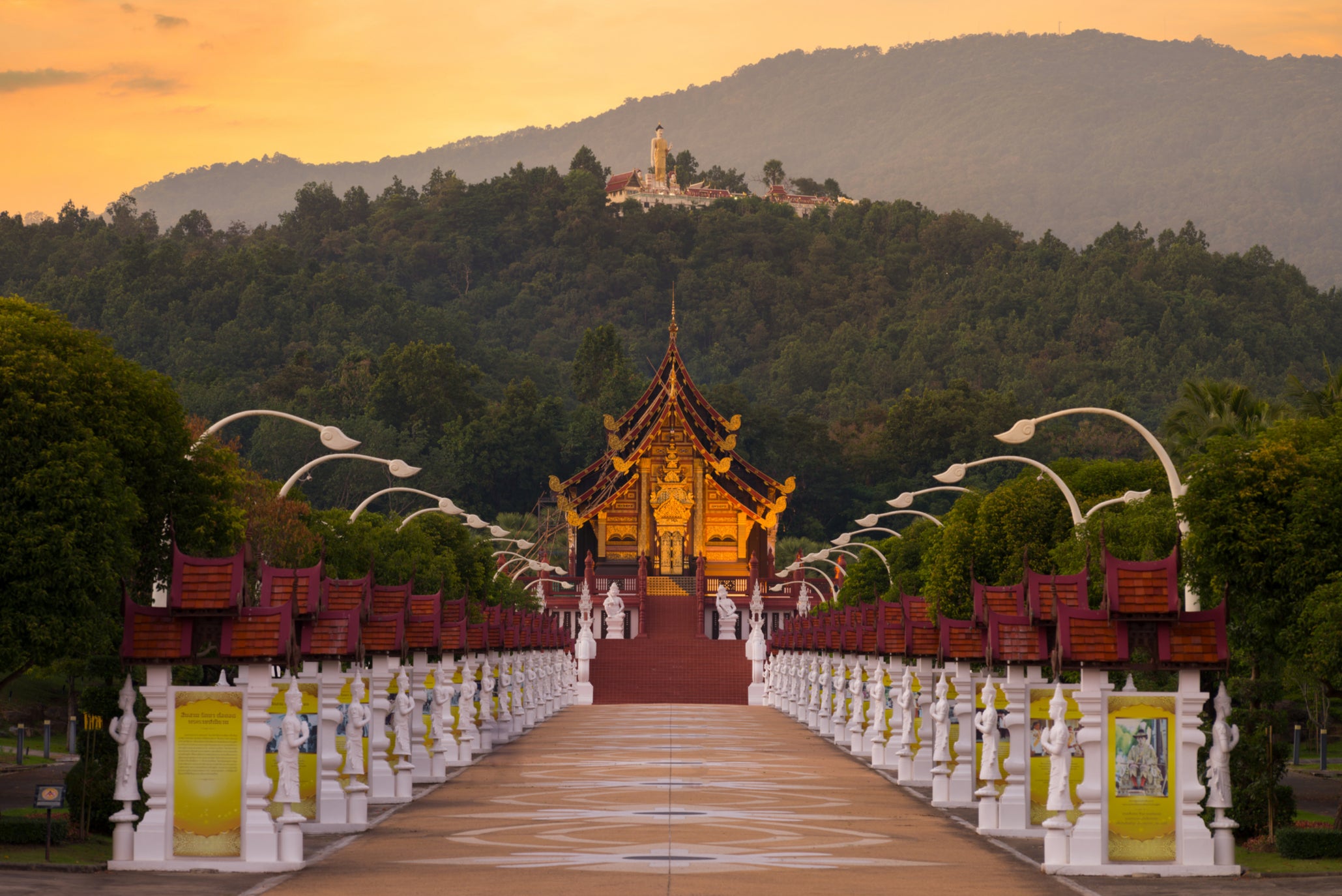 Lush hillside surrounds temples and monuments