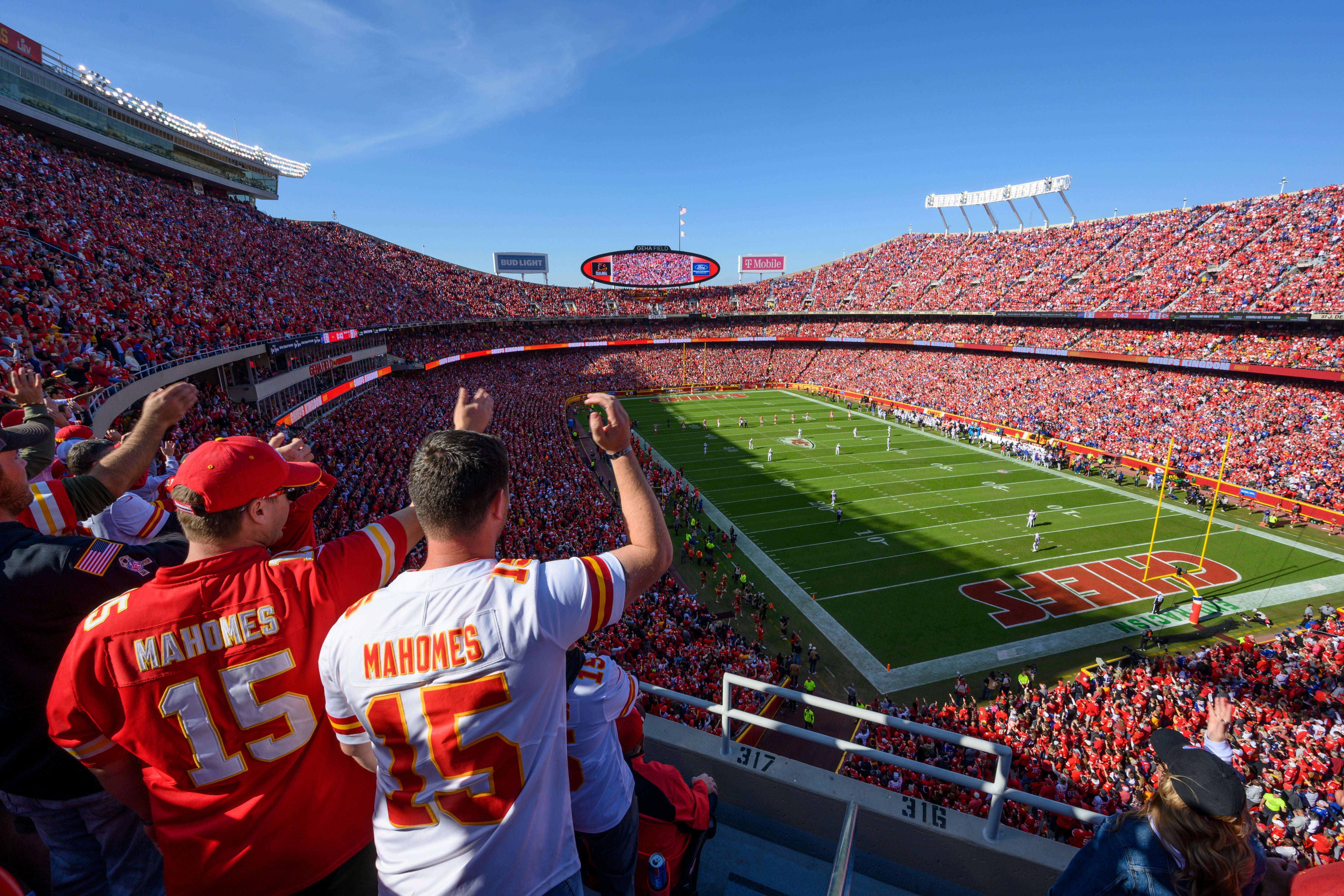 FILE - Kansas City Chiefs fans do the tomahawk chop’ before the start of an NFL football game against the Buffalo Bills