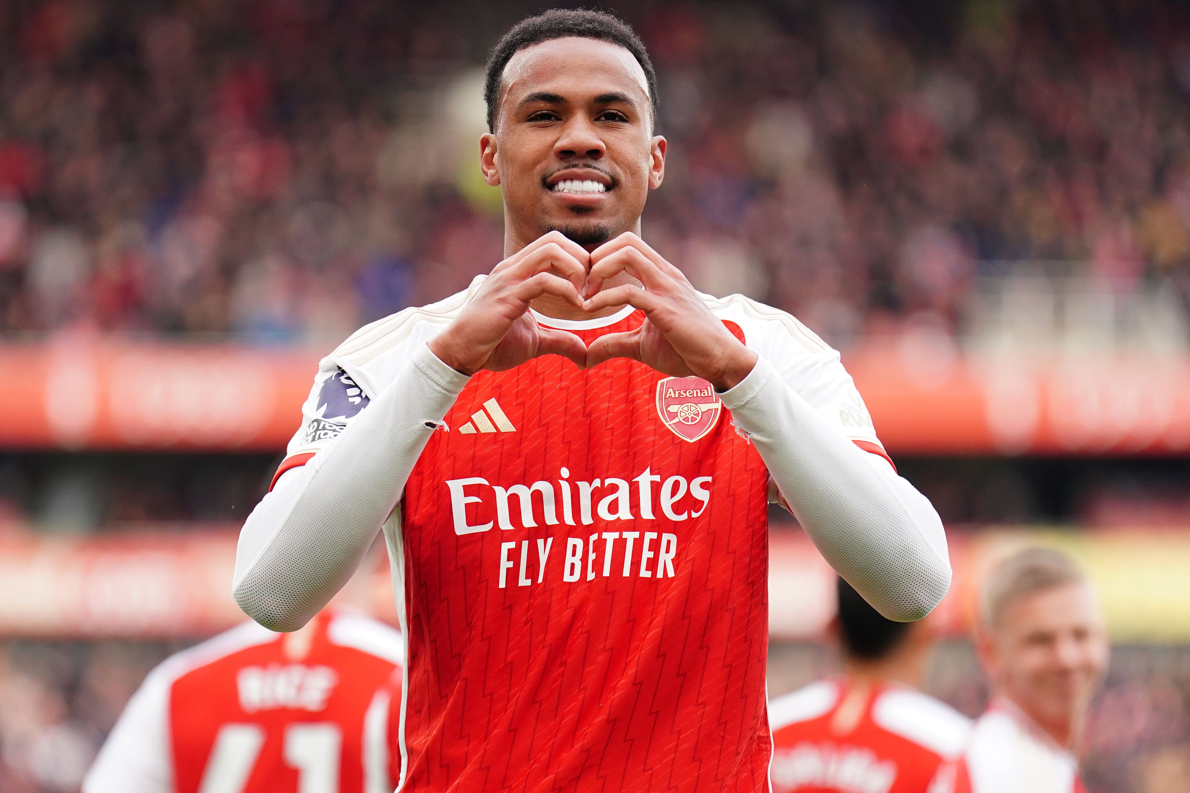 Gabriel Magalhaes celebrates scoring their Arsenal’s first goal of the game during the Premier League win over Crystal Palace. (Zac Goodwin/PA)