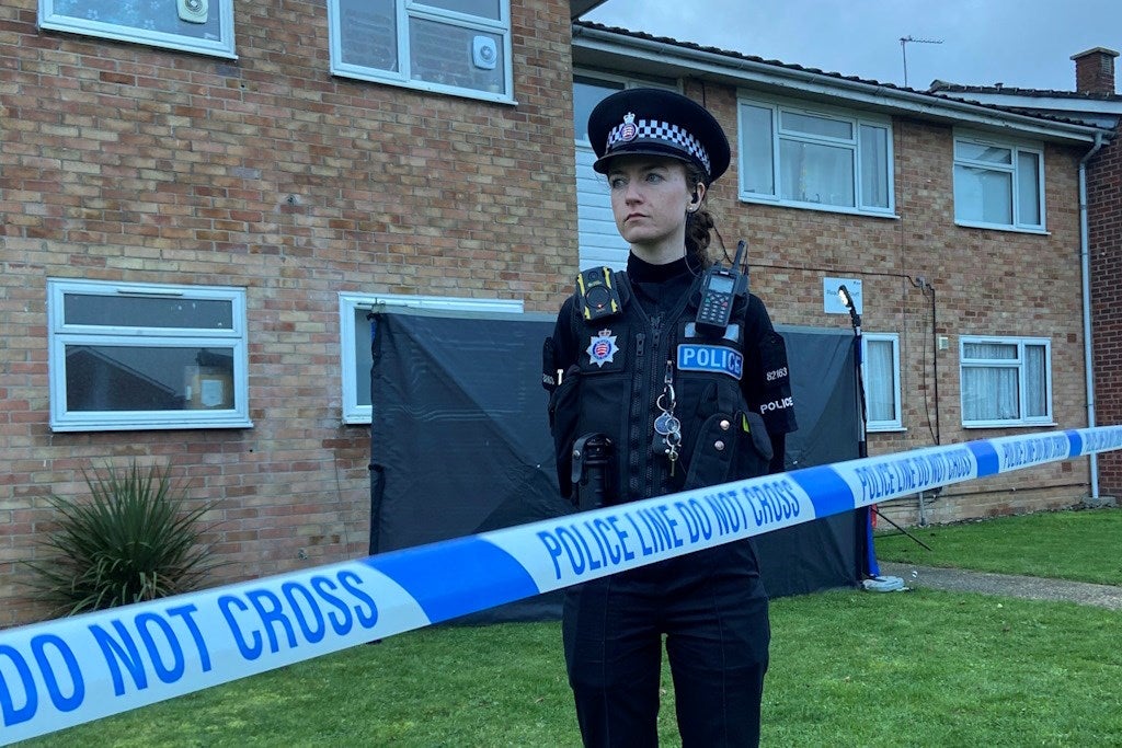 Essex Police officer standing on cordon at Readers Court, Chelmsford