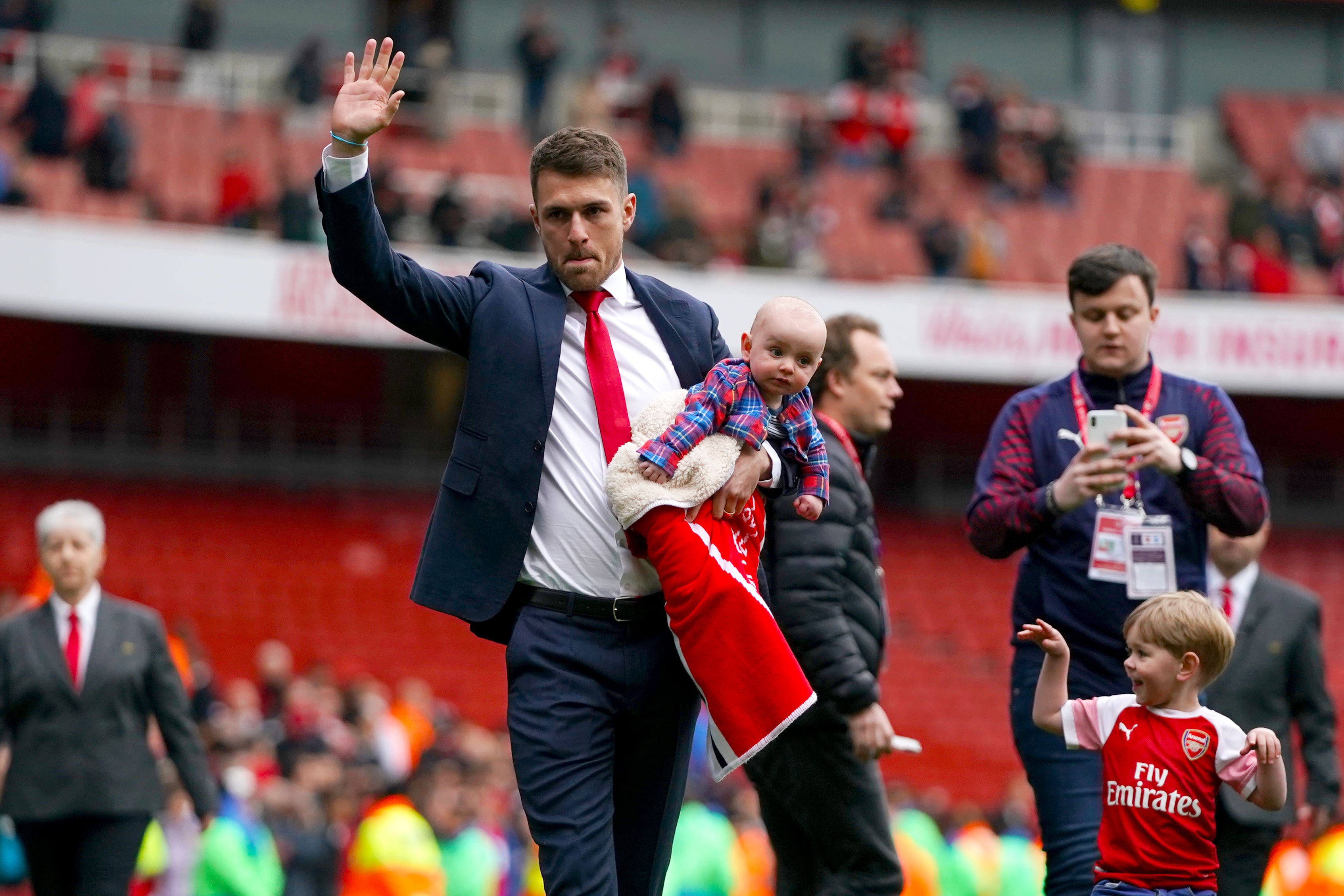 Aaron Ramsey bids farewell to the Arsenal fans after agreeing a move to Juventus (John Walton/PA)