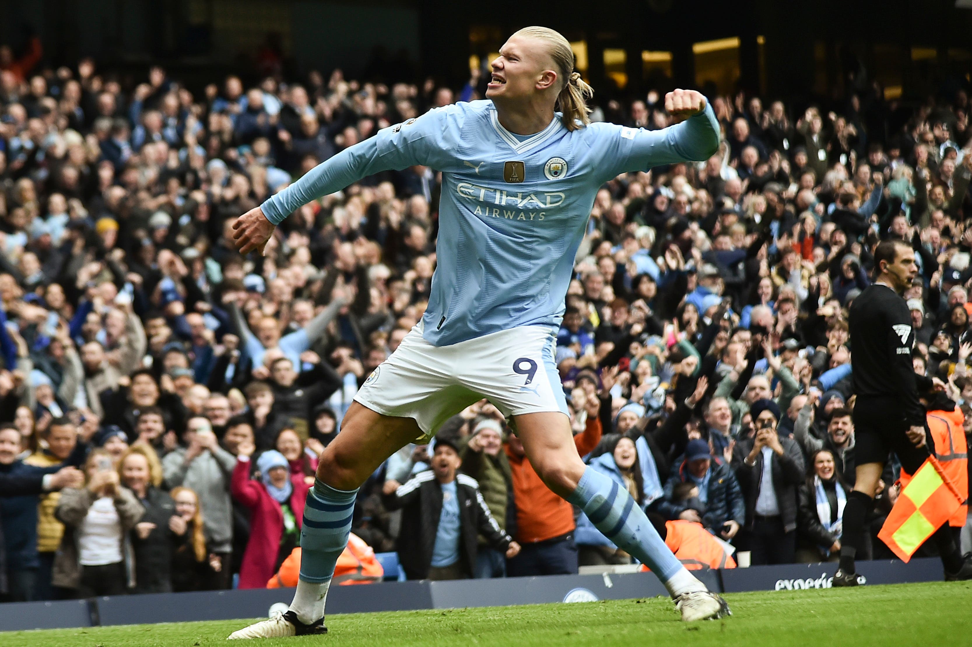 Erling Haaland’s double saw Manchester City beat Everton (Rui Vieira/AP)