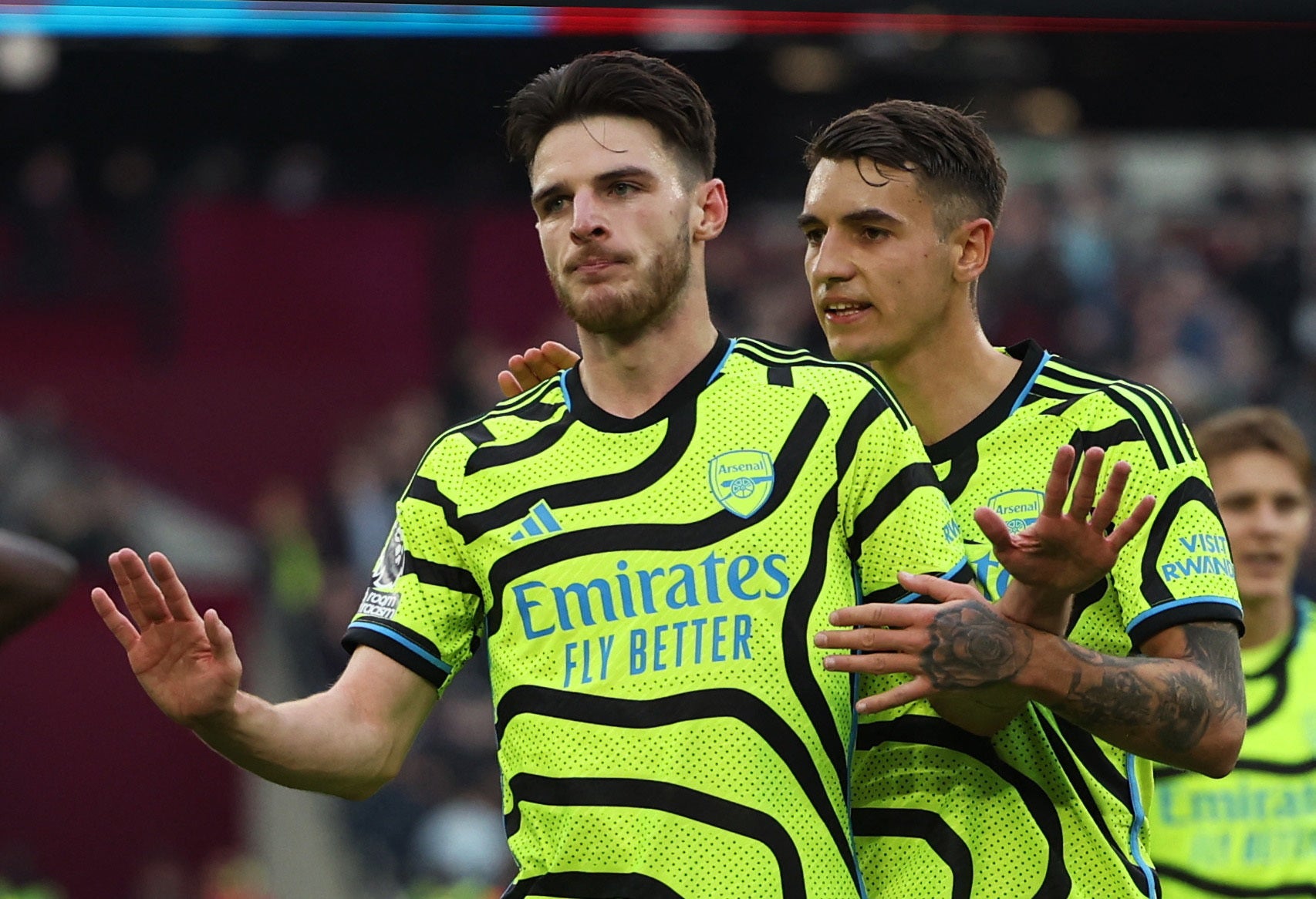 Rice holds his hands up after scoring Arsenal’s sixth at West Ham