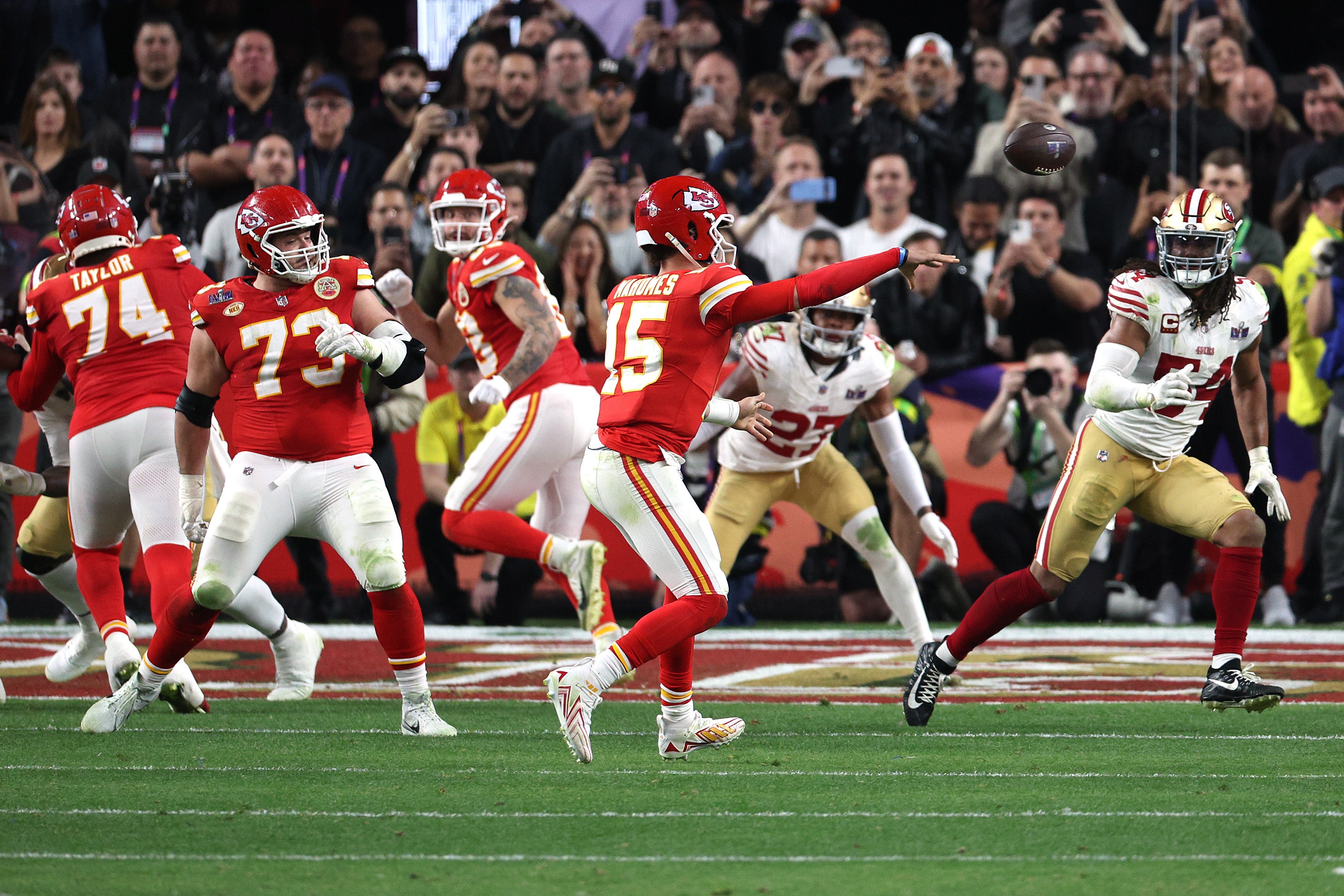 Patrick Mahomes of the Kansas City Chiefs throws the game-winning touchdown