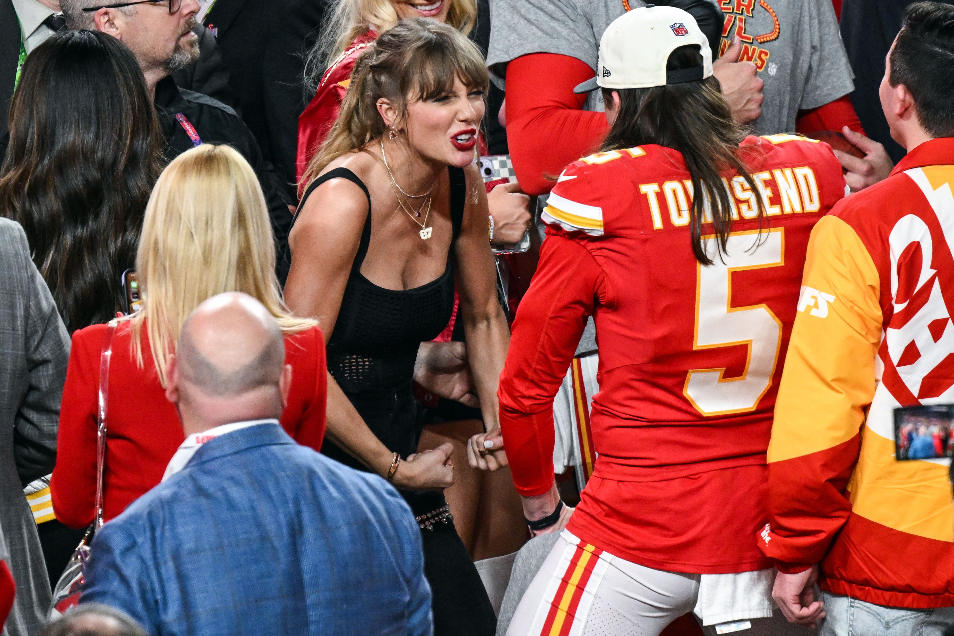 Tommy Townsend of Kansas City Chiefs celebrates the Super Bowl win with Taylor Swift (PA Wire)