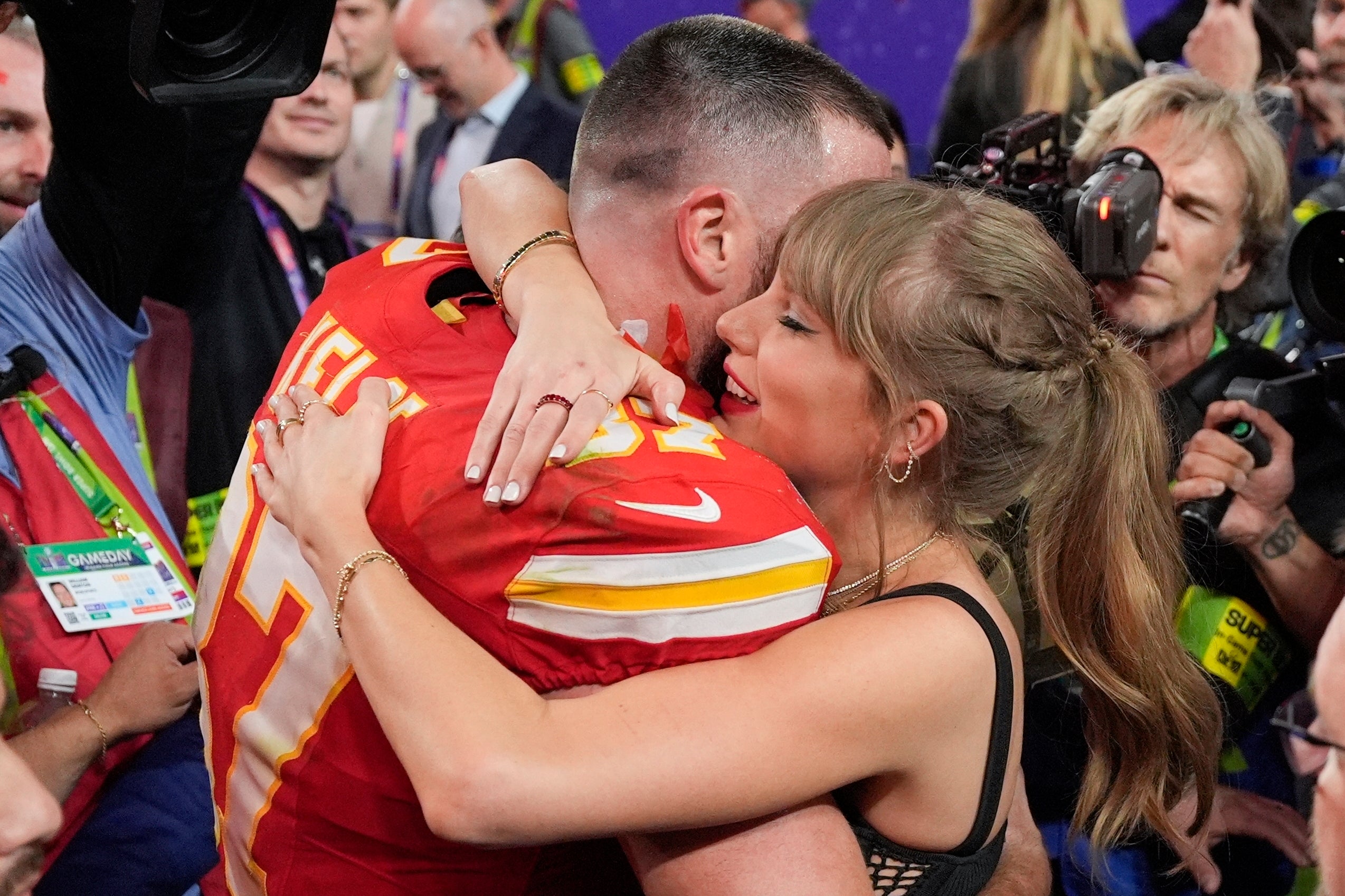 Kansas City Chiefs tight end Travis Kelce embraces Taylor Swift after the NFL Super Bowl 58 football game