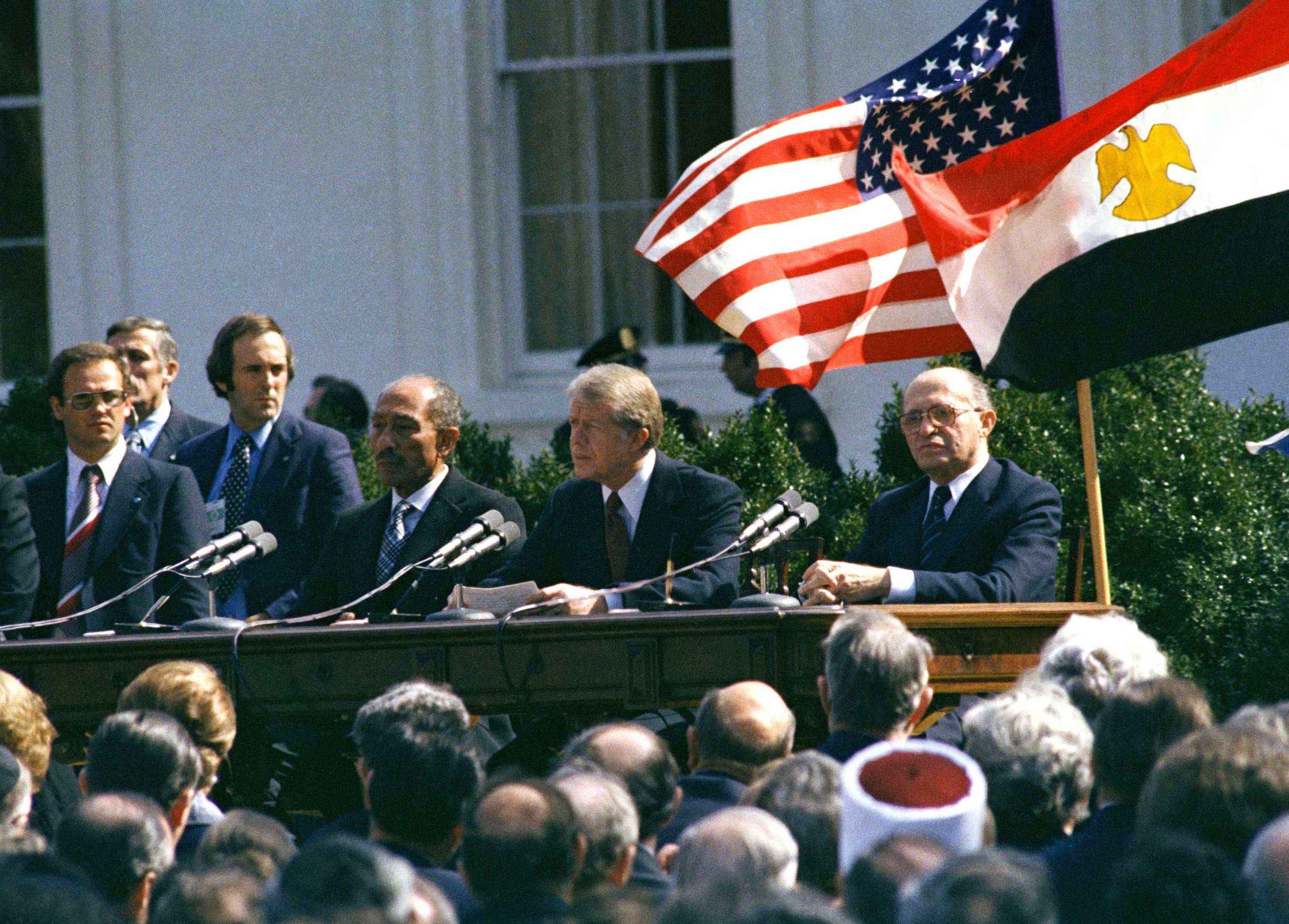 FILE - U.S. President Jimmy Carter, Egyptian President Anwar Sadat and Israeli President Menachem Begin