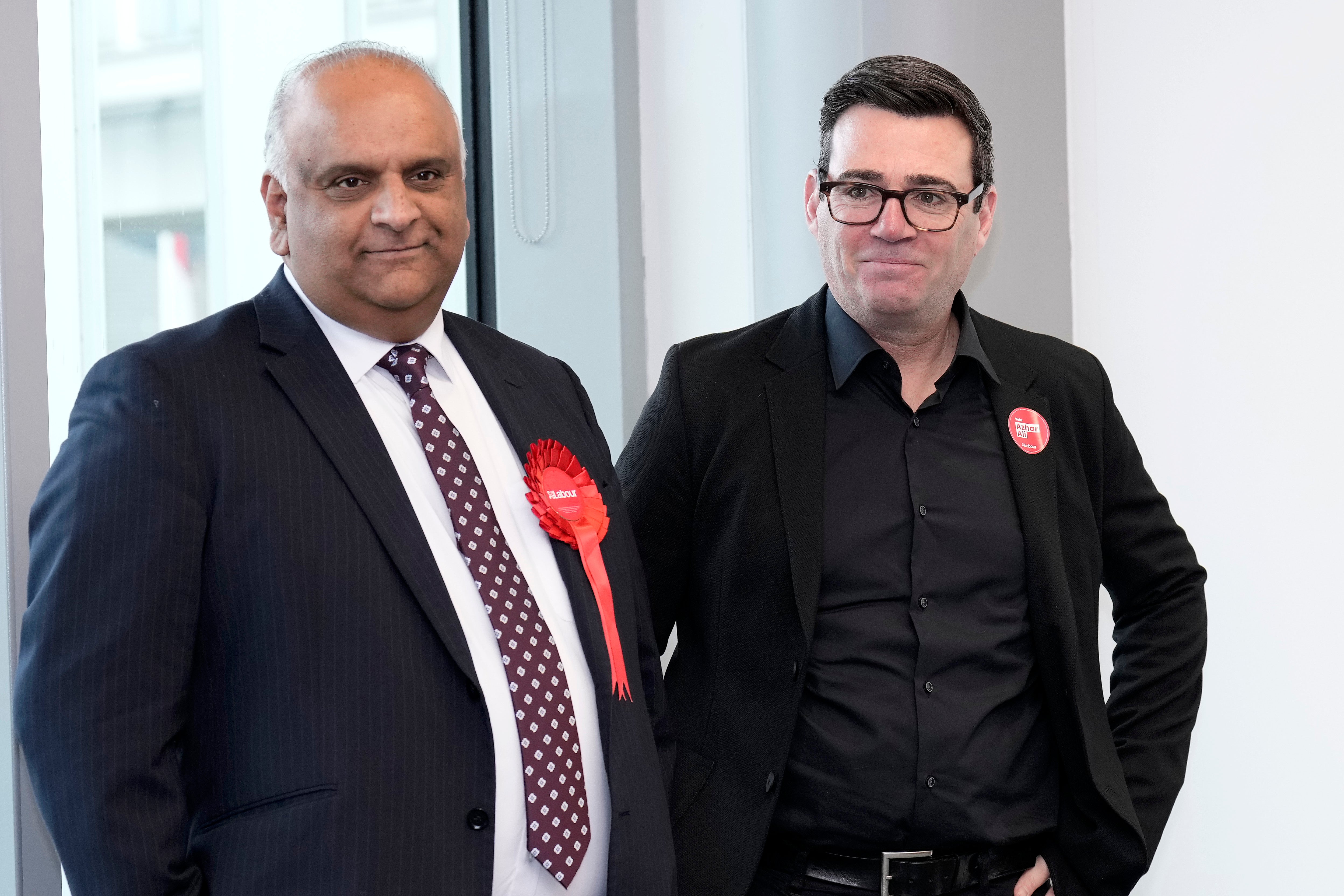 Labour candidate Azhar Ali with mayor of Manchester Andy Burnham