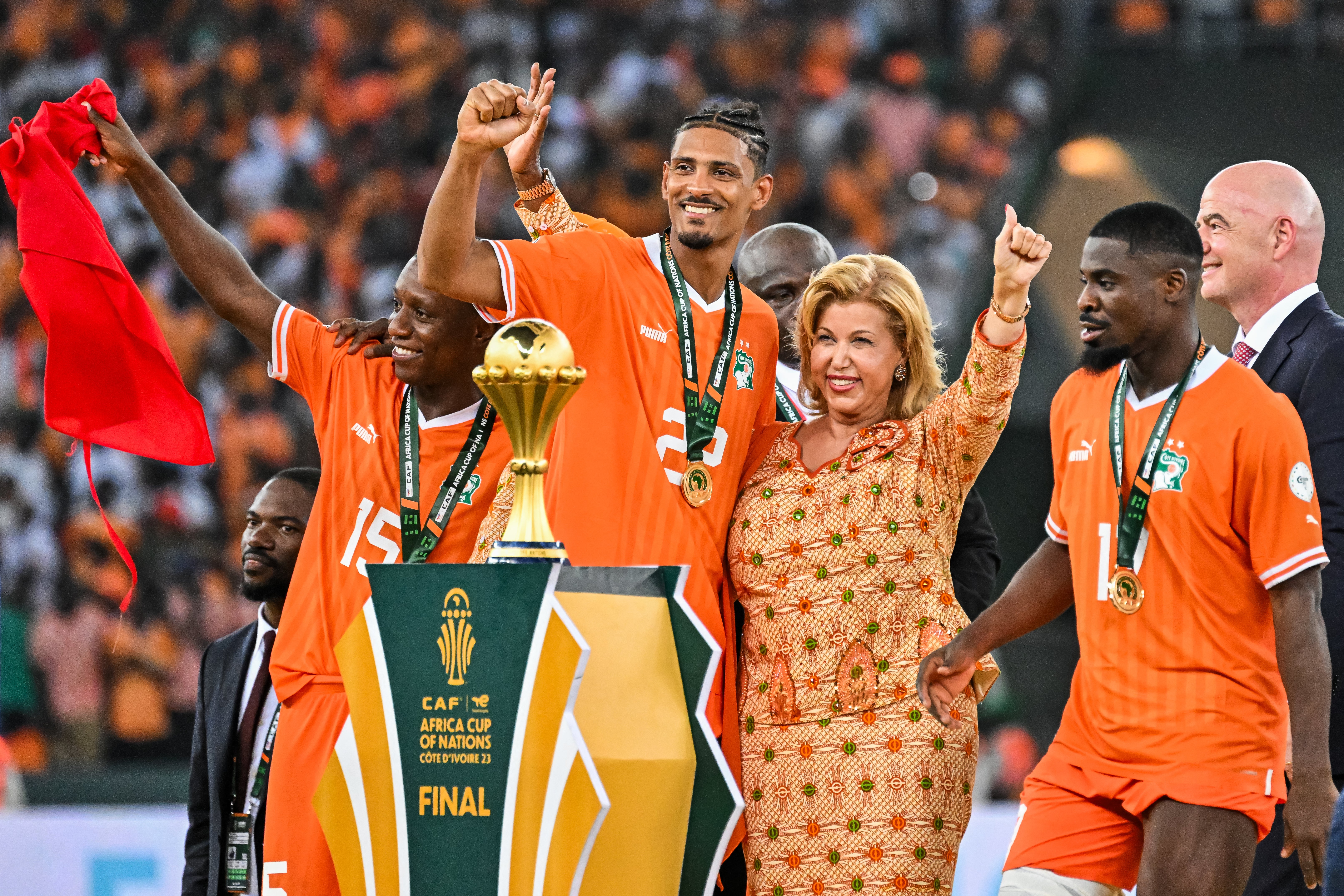 Haller and Ivory Coast celebrate winning the Africa Cup of Nations