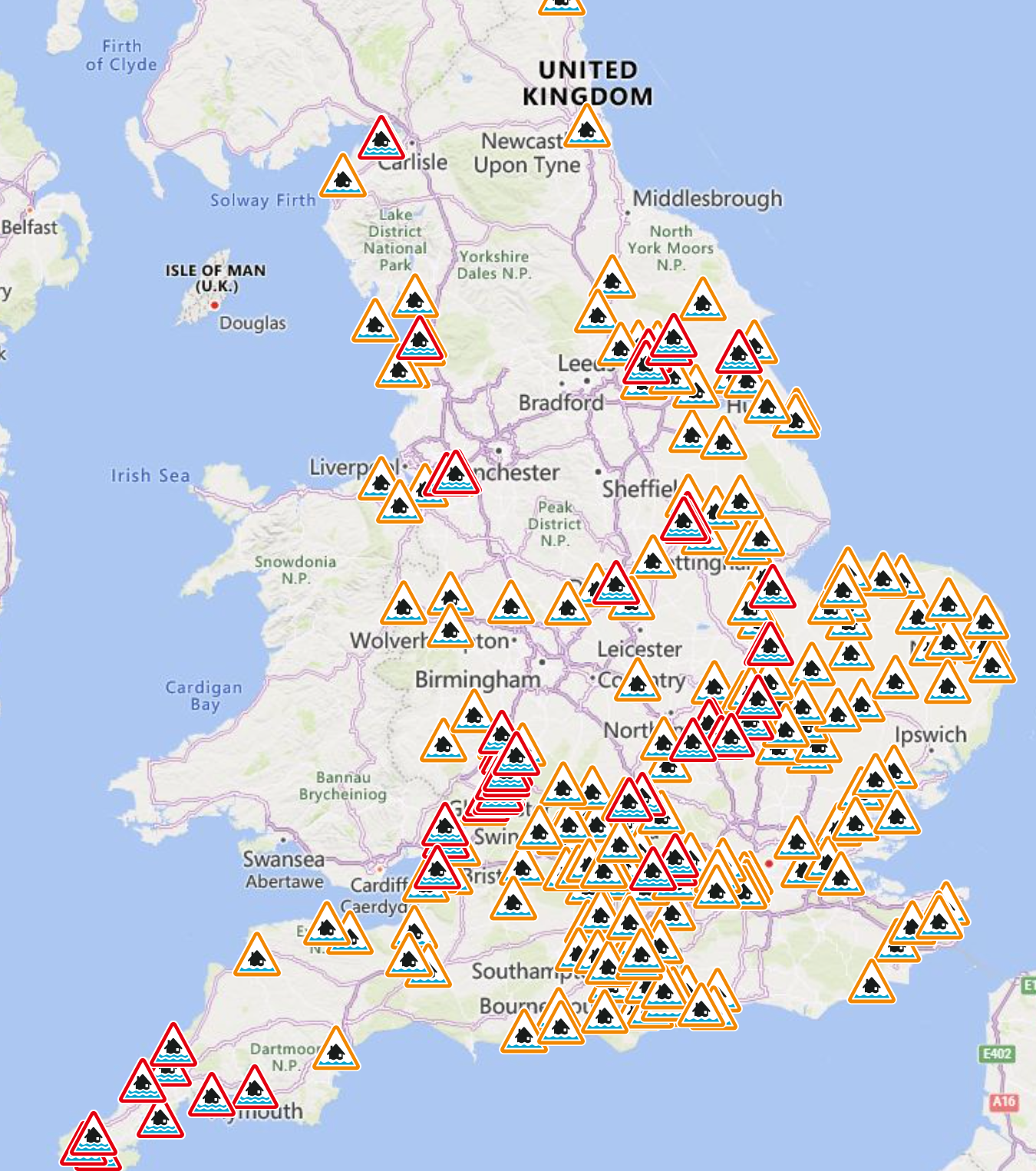 In England, over 200 flood alerts and 59 flood warnings are currently in place