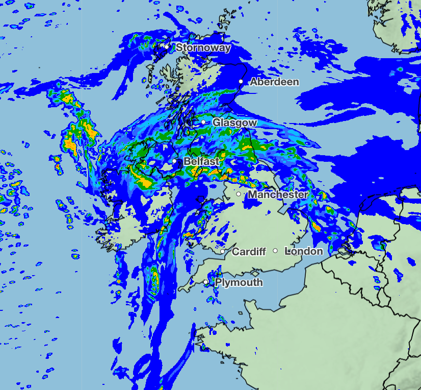 The Met Office’s satellite map shows a huge amount of rain blanketing the UK on Thursday