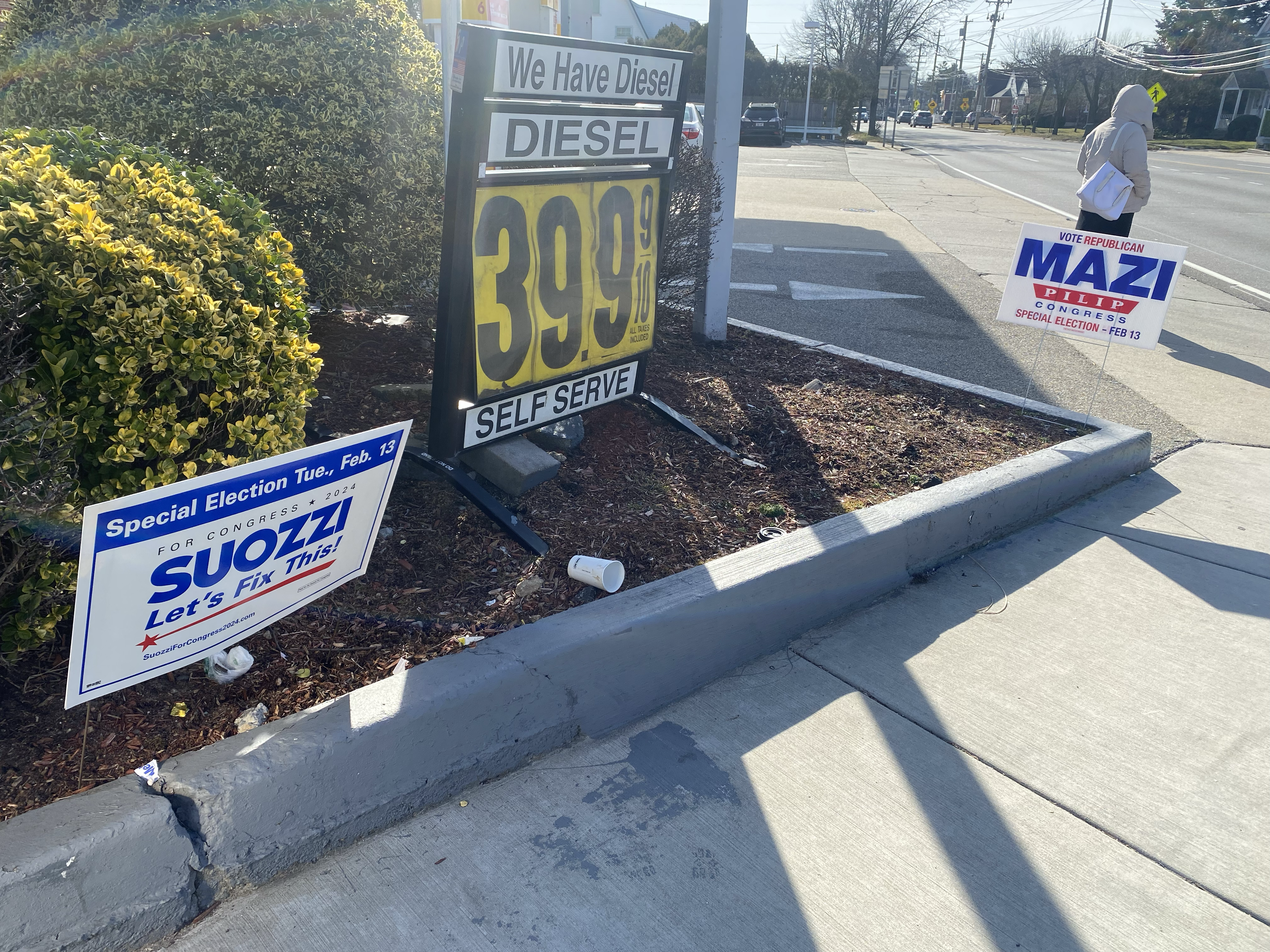 Duelling yard signs in New York’s 3rd district for Tom Suozzi and Mazi Pilip