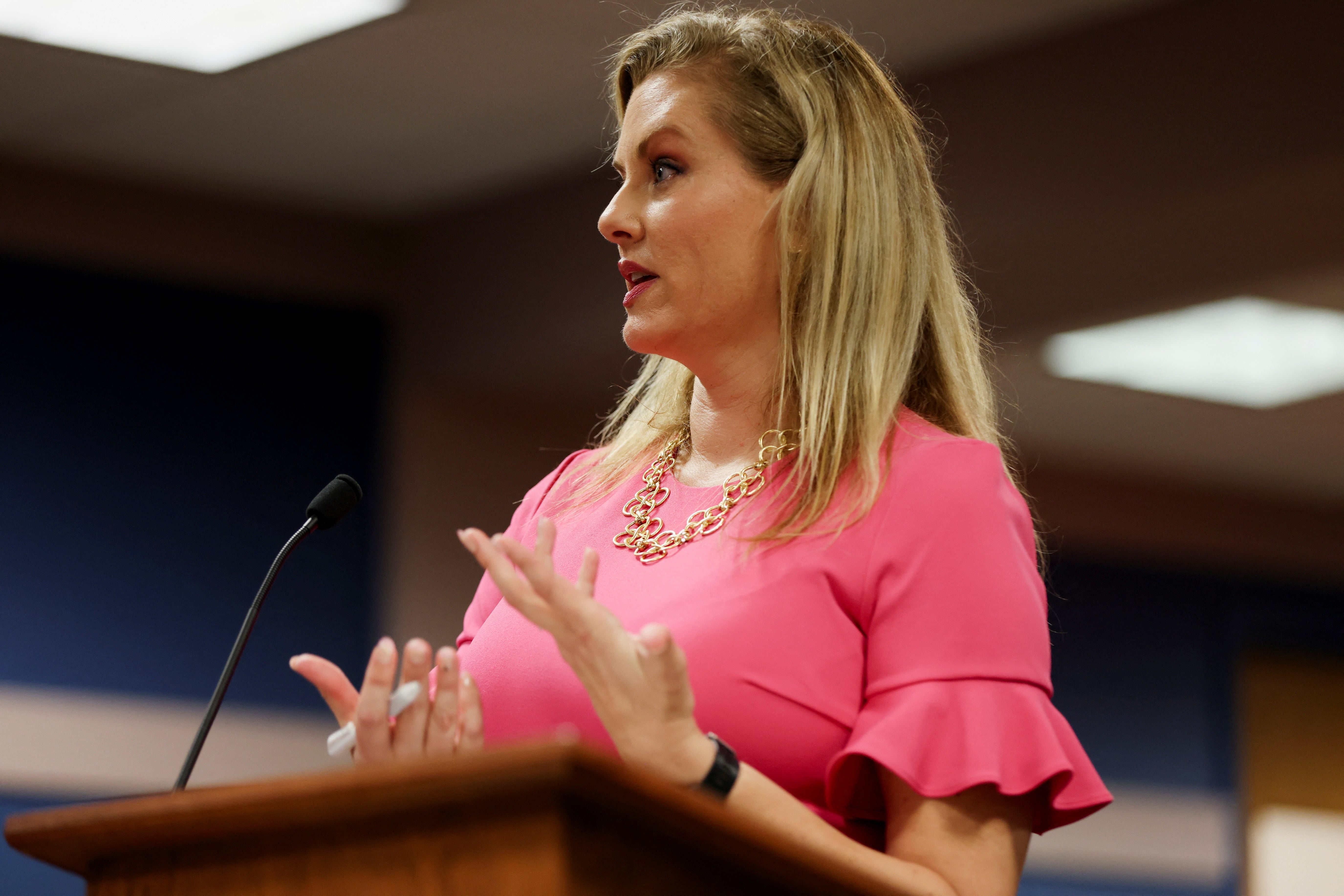 Defence attorney Ashleigh Merchant, who alleged improper relationship between Fani Willis and a special prosecutor hired to lead the case against Donald Trump and others in Georgia, speaks in court in Atlanta on 12 February.