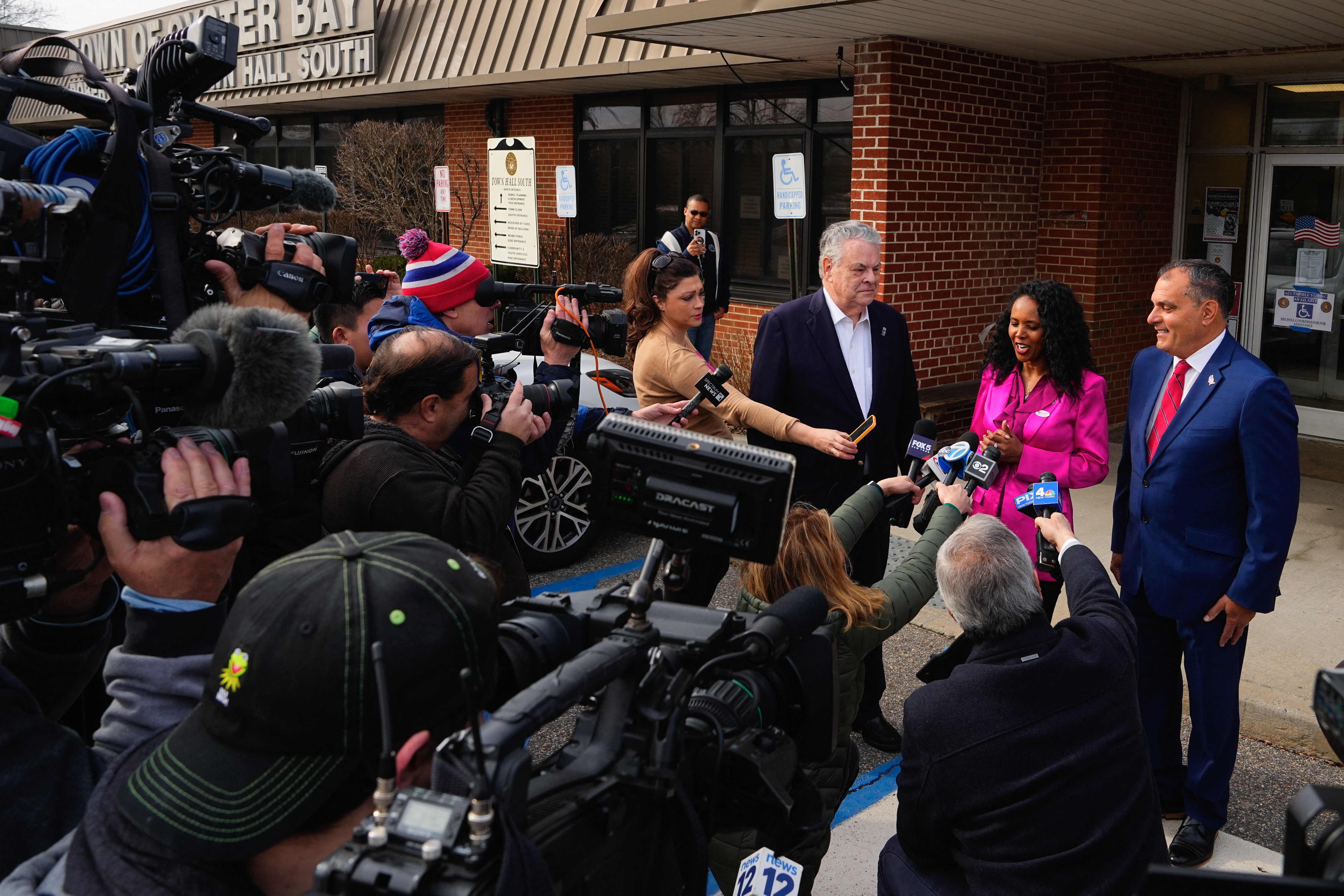 Mazi Pilip speaks to reporters after voting in Massapequa, New York