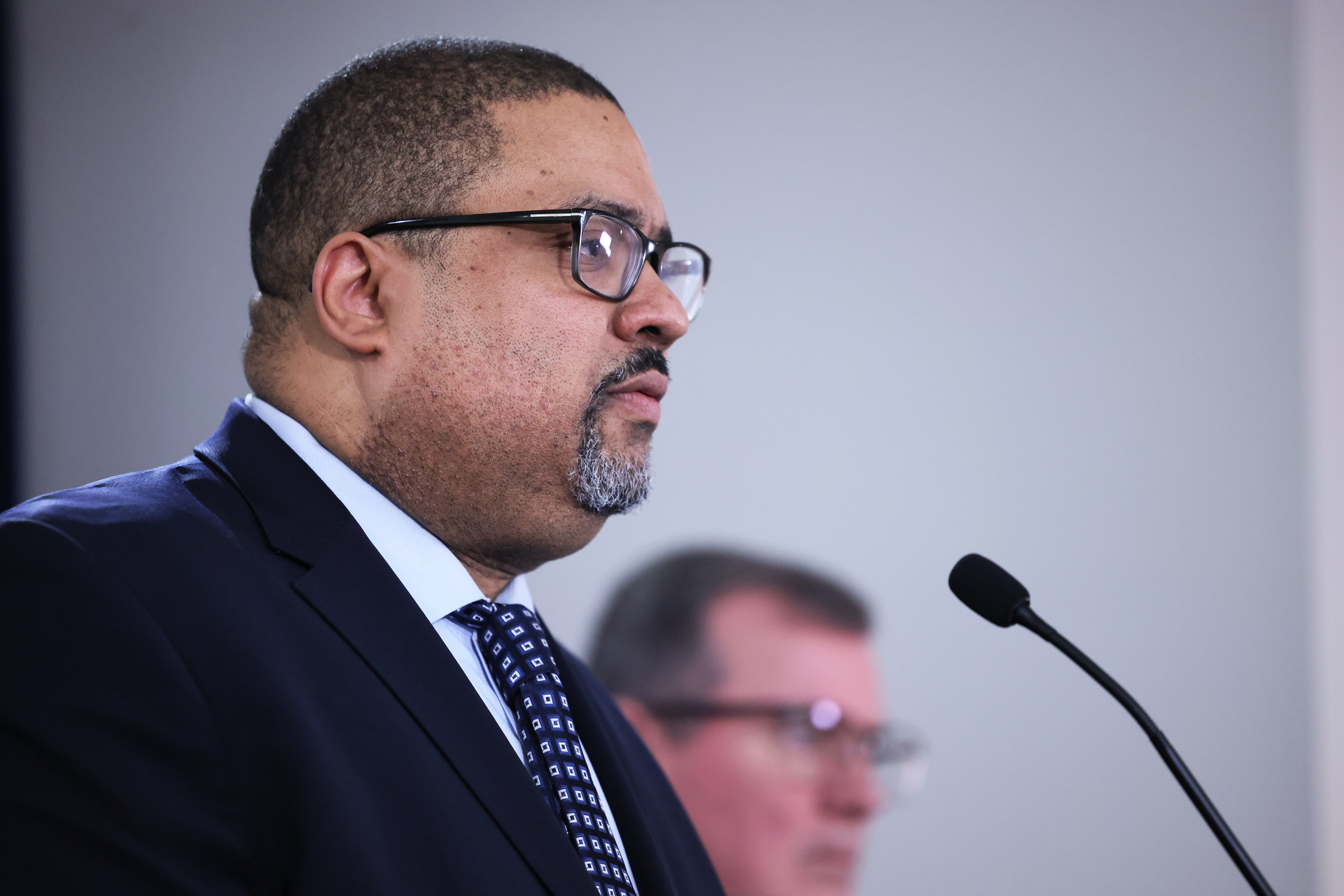 Manhattan district attorney Alvin Bragg speaks to reporters on 8 February