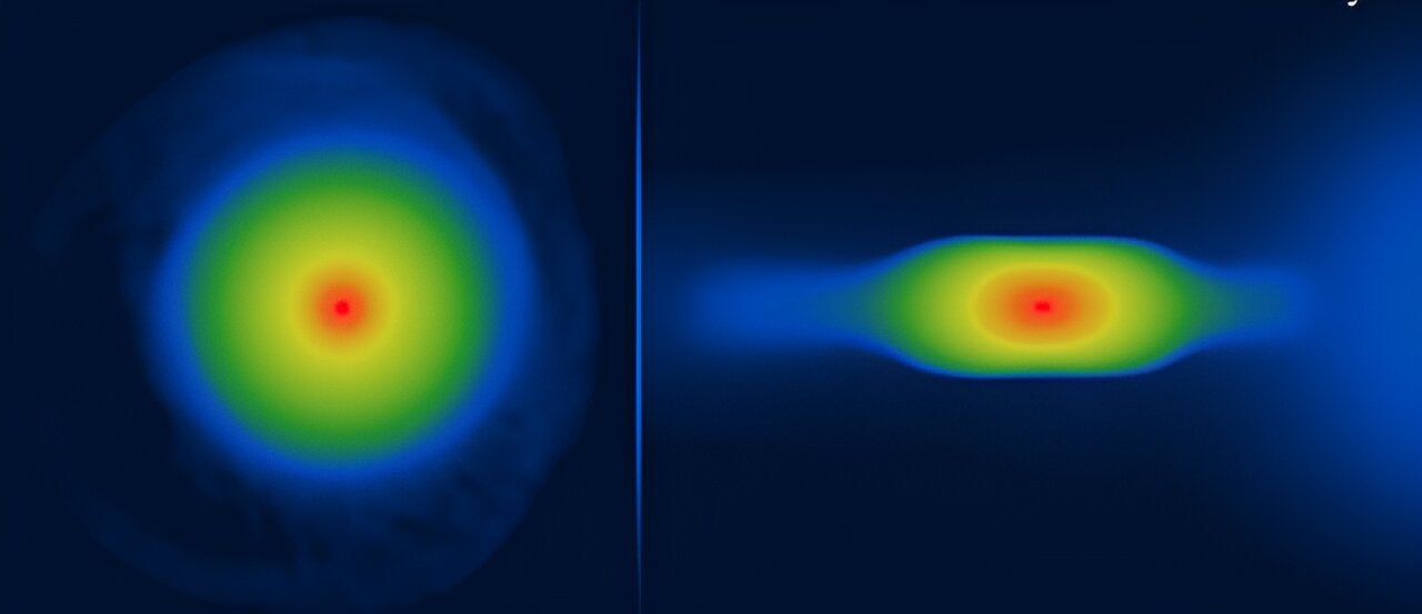 Simulated young planet as viewed from the top (left) and from the side (right)