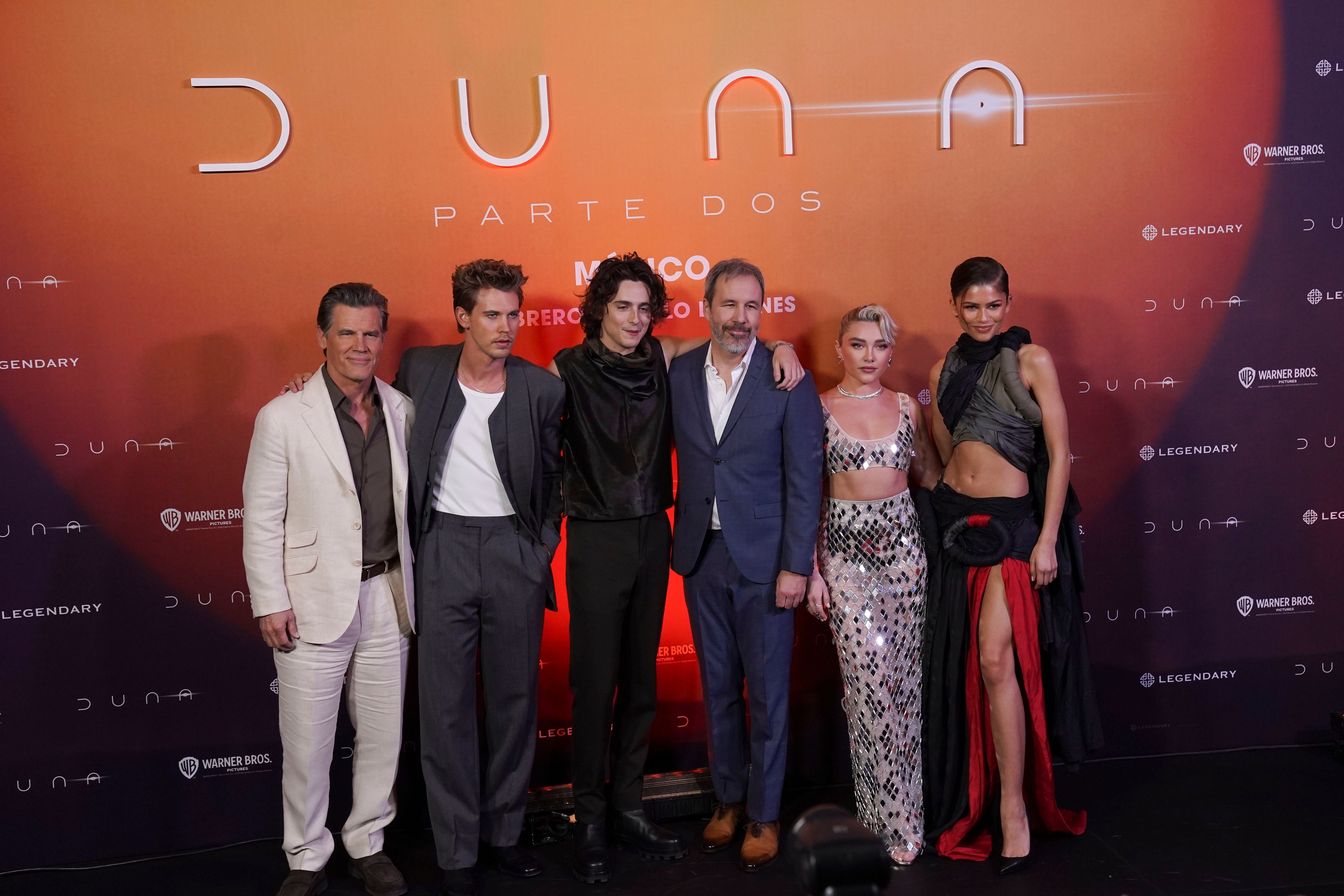 Josh Brolin, Austin Butler, Timothee Chalamet, Denis Villeneuve, Florence Pugh and Zendaya at the ‘Dune: Part Two’ premiere in Mexico