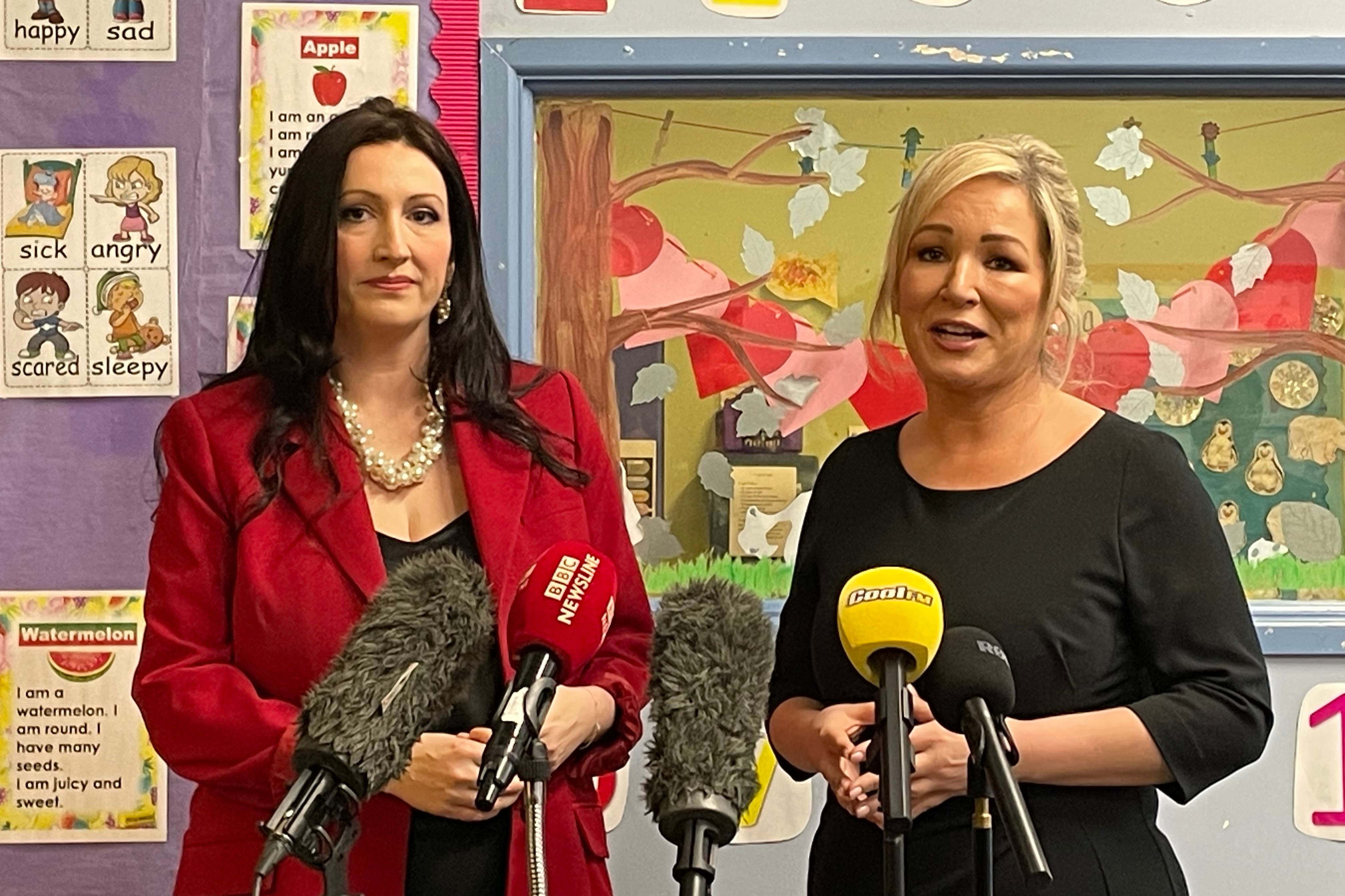 Stormont deputy First Minister Emma Little-Pengelly (left) and First Minister Michelle O’Neill (right) speak to media during a visit to the Shankill Women’s Centre in Belfast. (Rebecca Black/PA)