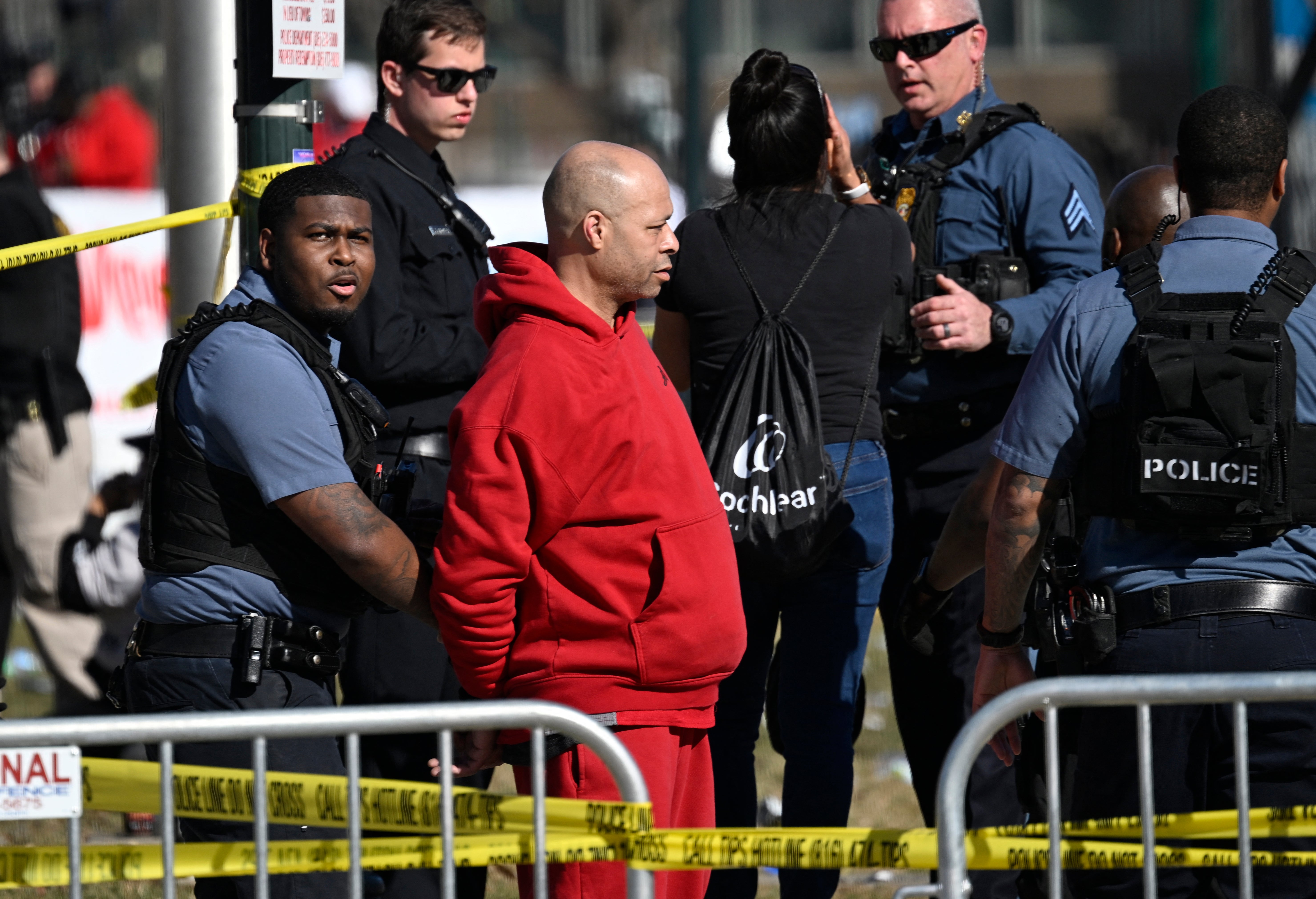 A person is detained near the Kansas City Chiefs' Super Bowl LVIII victory parade on 14 February 2024, in Kansas City, Missouri