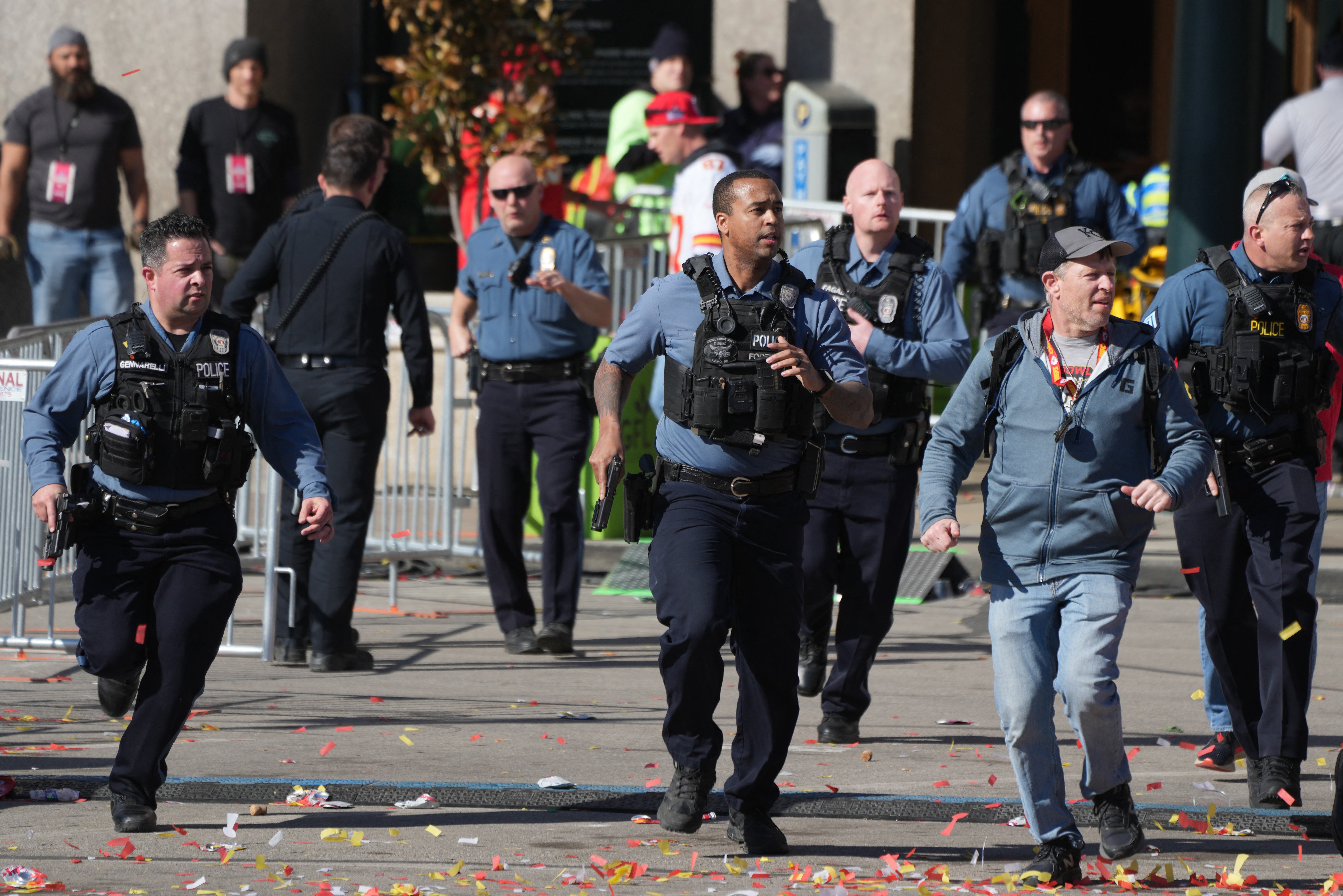 Police respond after gun shots were fired after the celebration of the Kansas City Chiefs winning Super Bowl LVIII