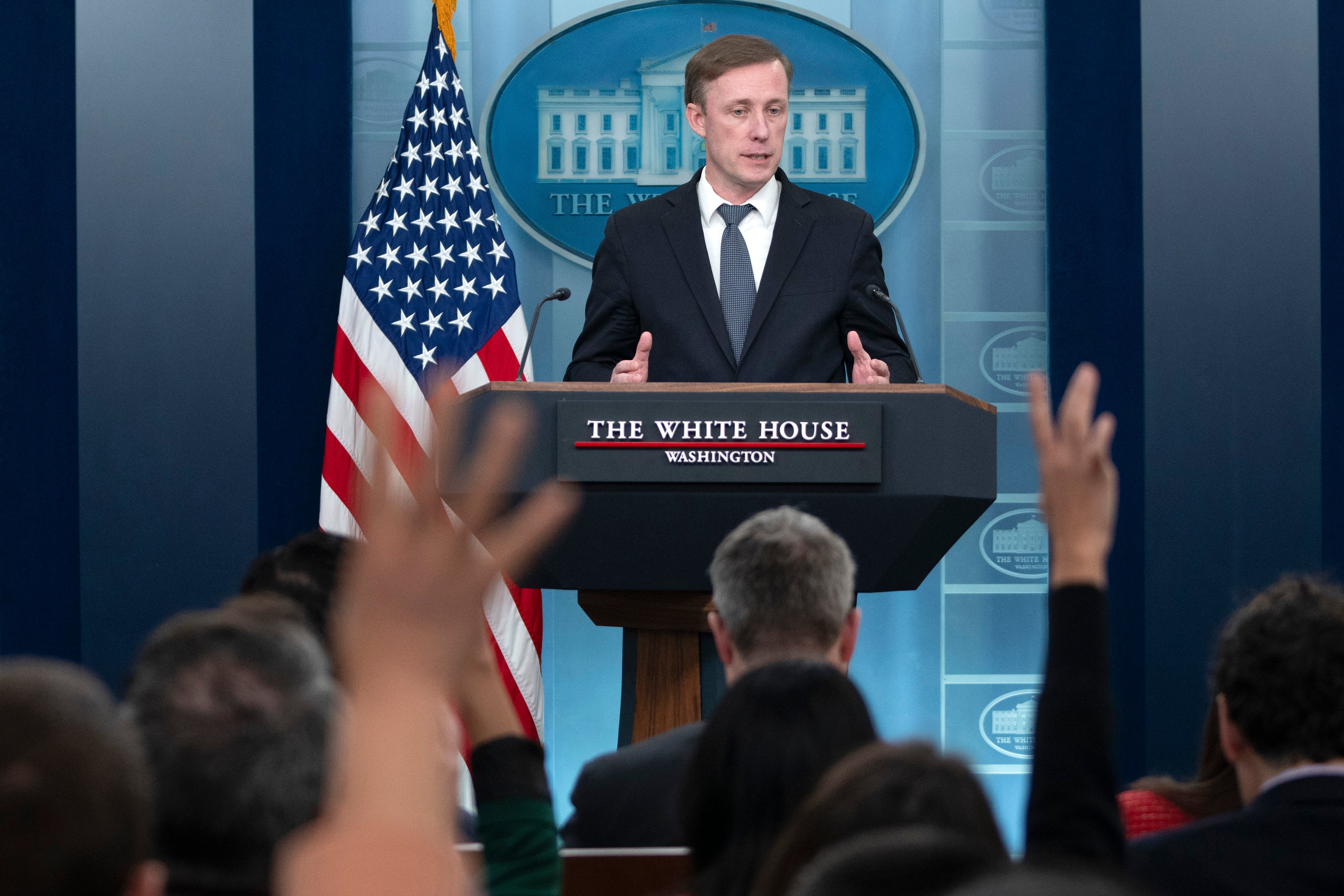 National Security Advisor Jake Sullivan speaks during a press briefing at the White House on 14 February.