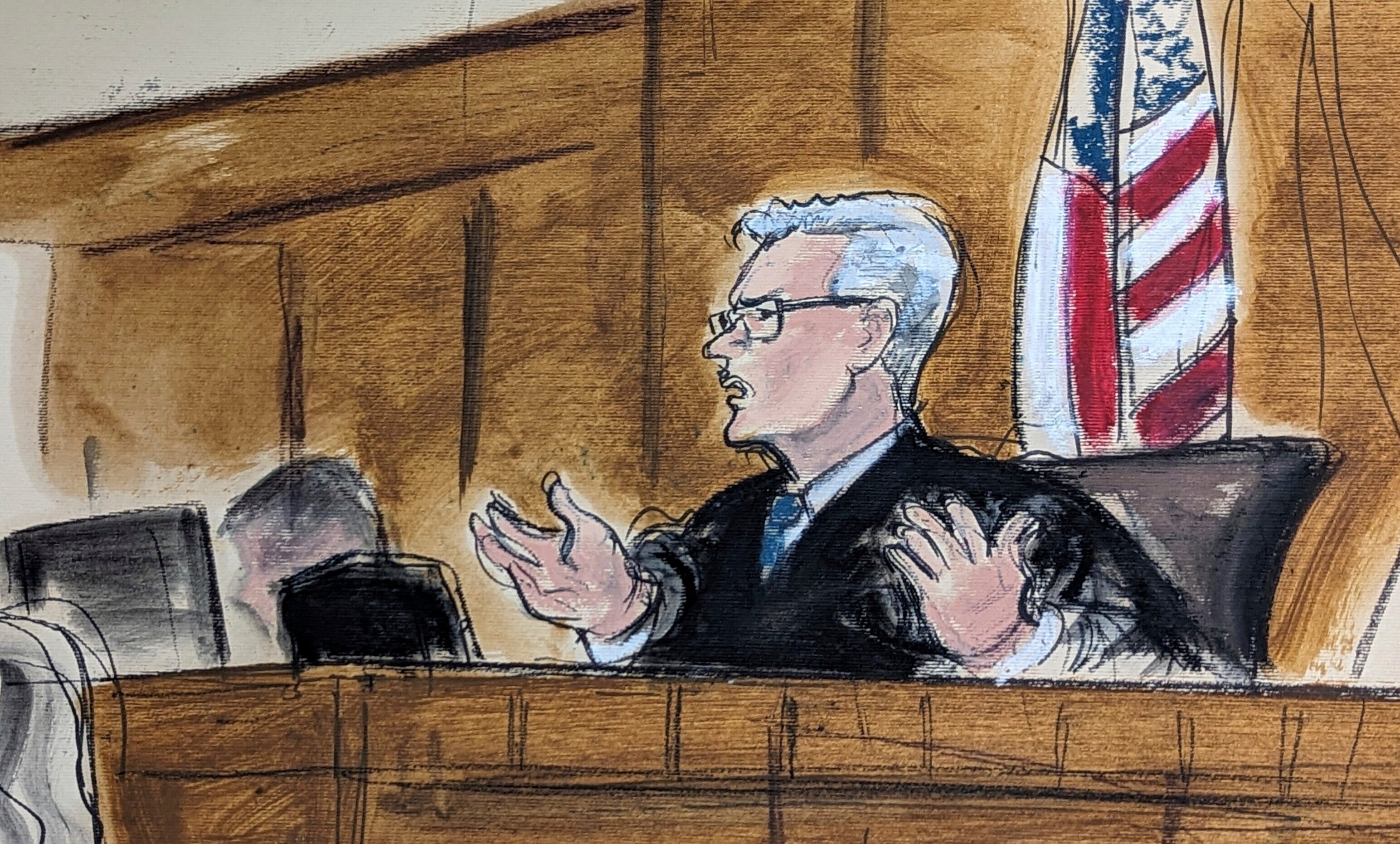 A courtroom sketch depicts New York Judge Juan Merchan addressing a pretrial hearing for Donald Trump in 15 February.