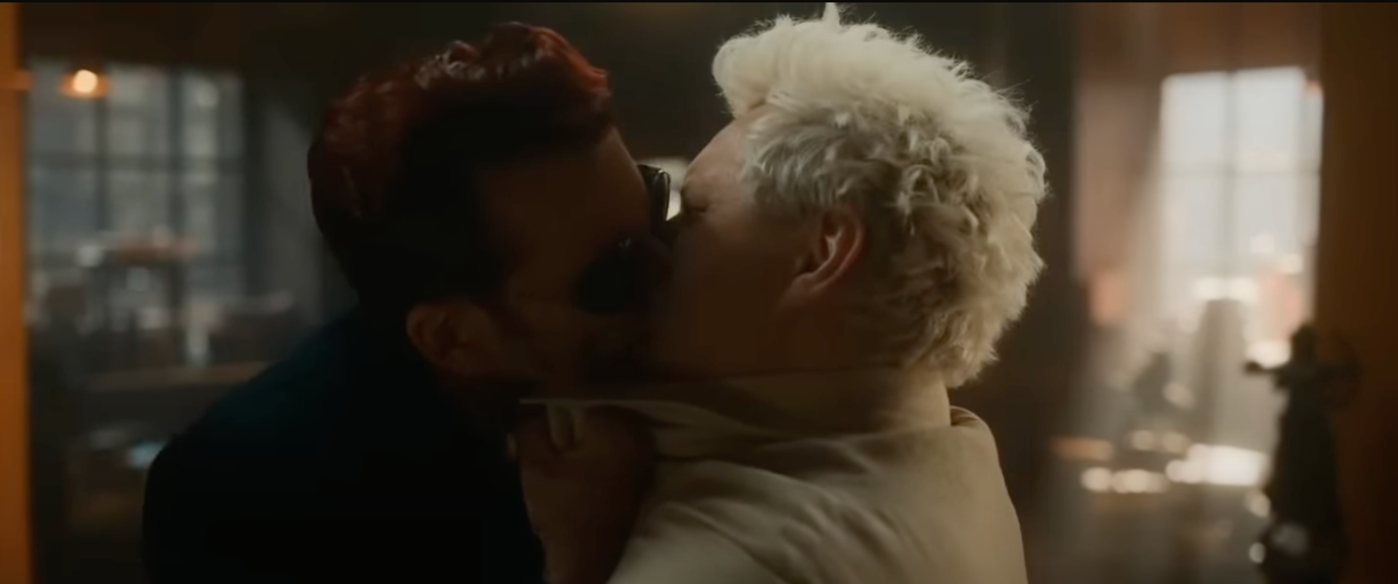 Crowley and Aziraphale kiss in the final episode of the second series