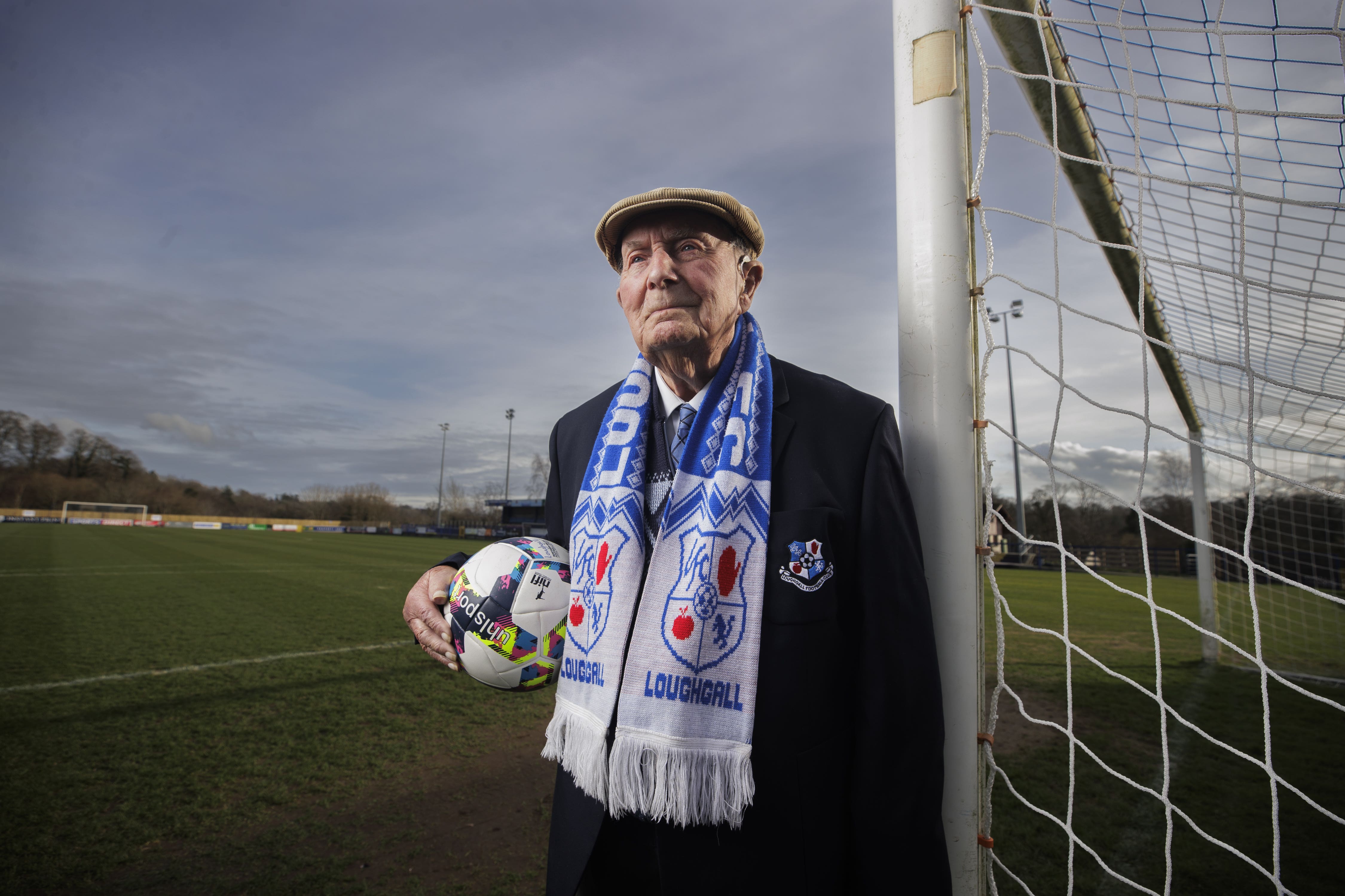 Centenarian Hilbert Willis at Lakeview Park home of Loughgall Football Club (Liam McBurney/PA)