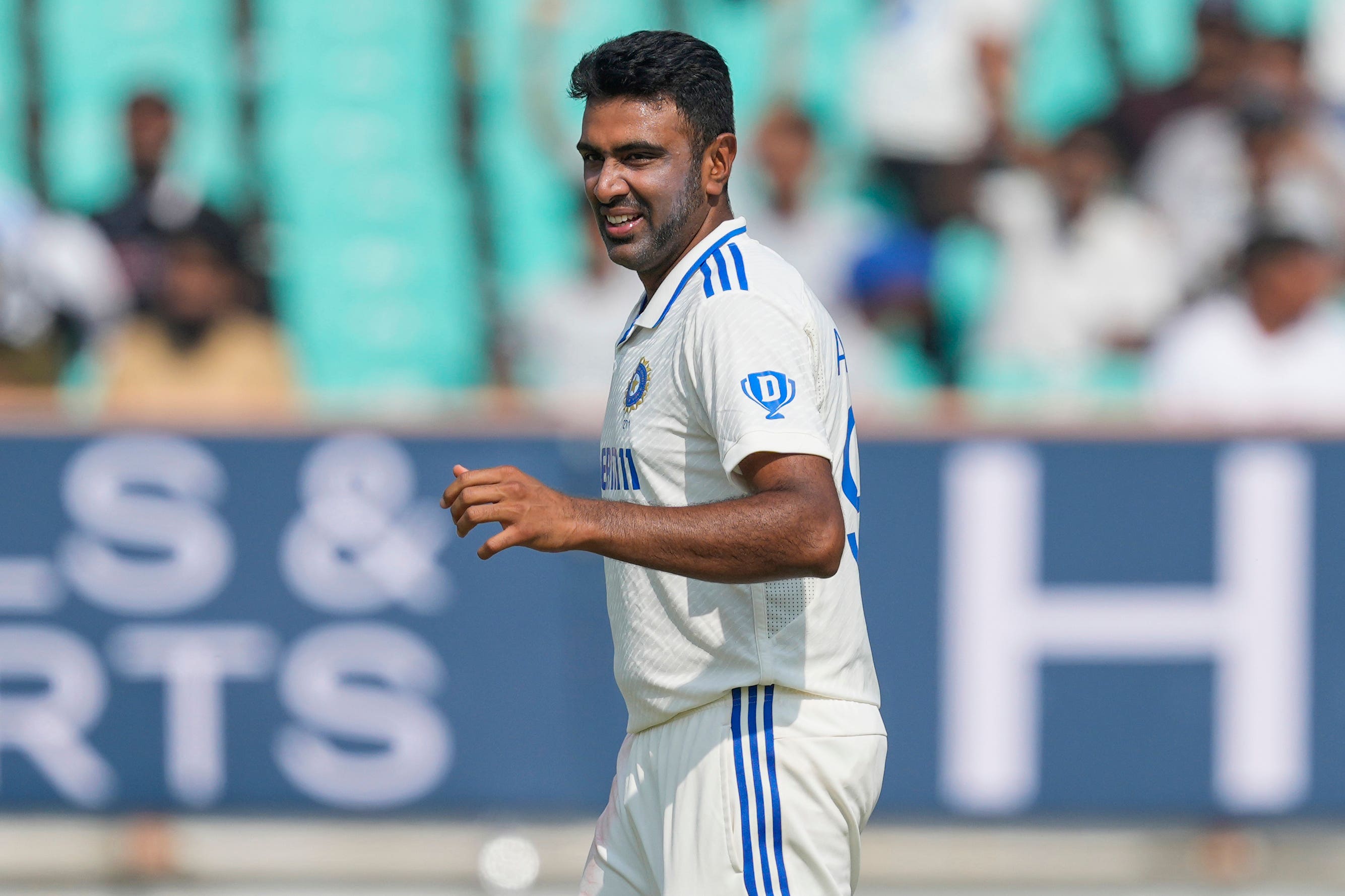 Ravichandran Ashwin celebrates the wicket of England’s Zak Crawley, his 500th in Tests (Ajit Solanki/AP)